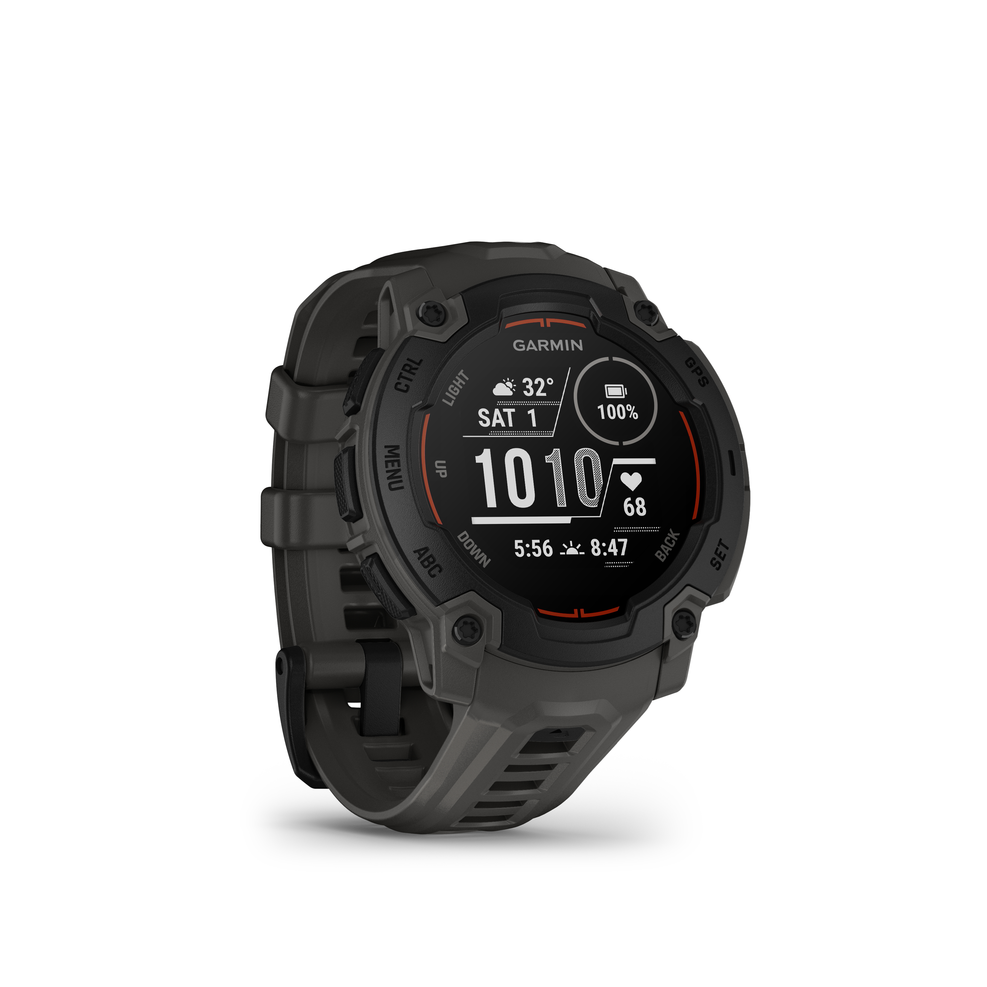 Schwarze und graue Smartwatch mit Anzeige von Zeit und Daten, auf weißem Hintergrund.