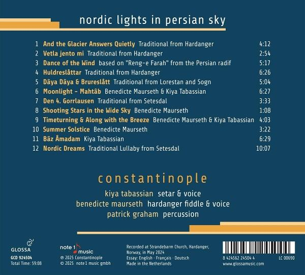 Rückseite einer CD-Hülle mit dem Titel Nordic Lights in Persian Sky, Trackliste und Musikercredits.