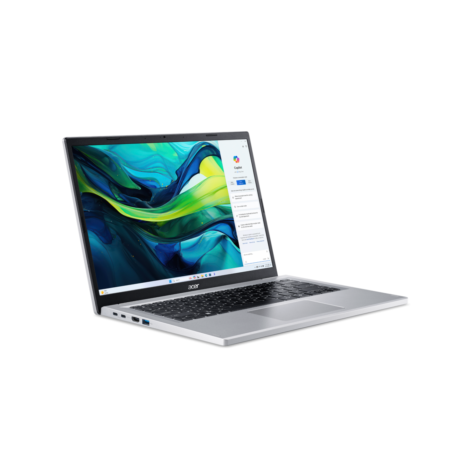 Silver Acer laptop on a black background, open, with a screen showing an interface.