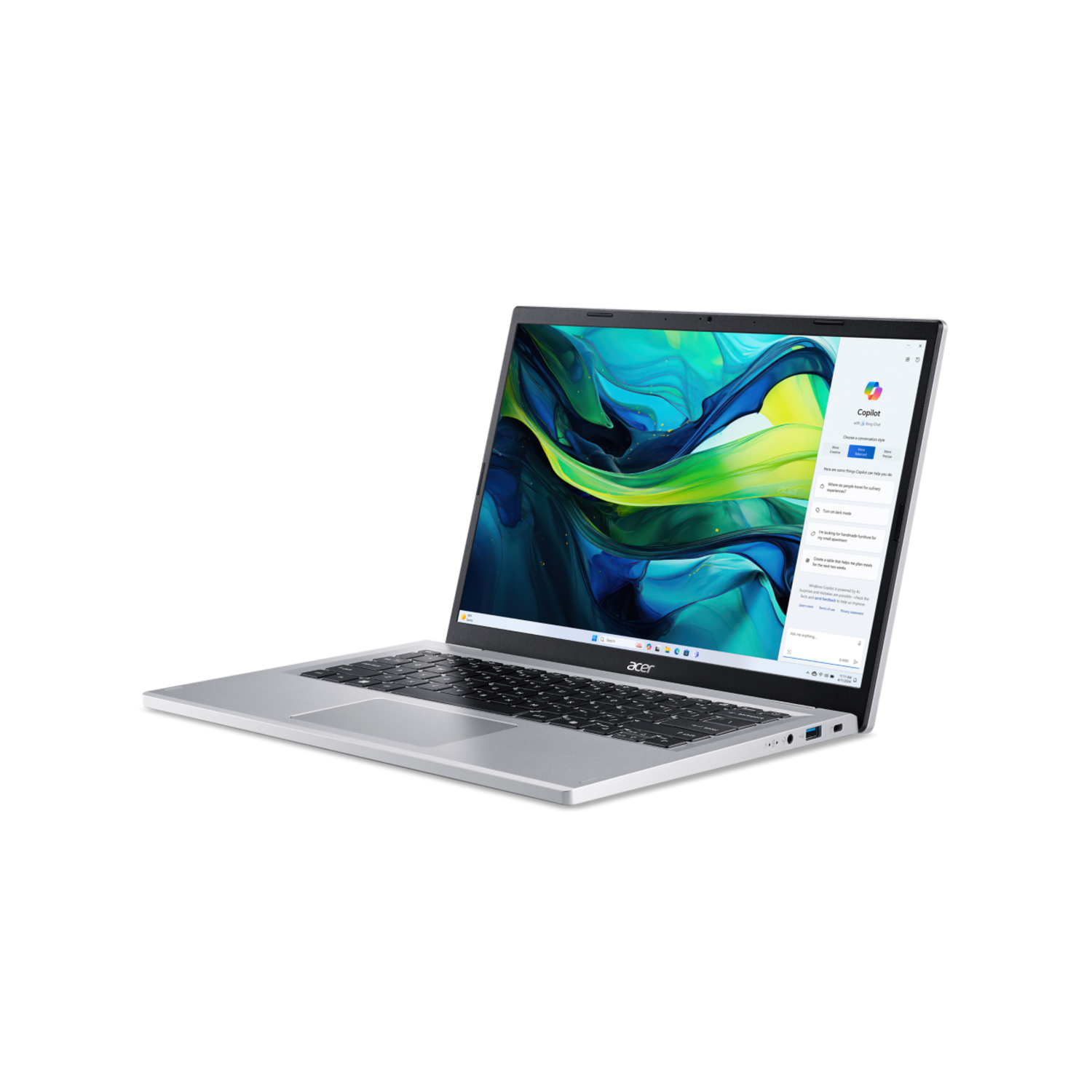Laptop on black background. Screen displays a white interface. Keyboard and touchpad visible. Acer logo is present.
