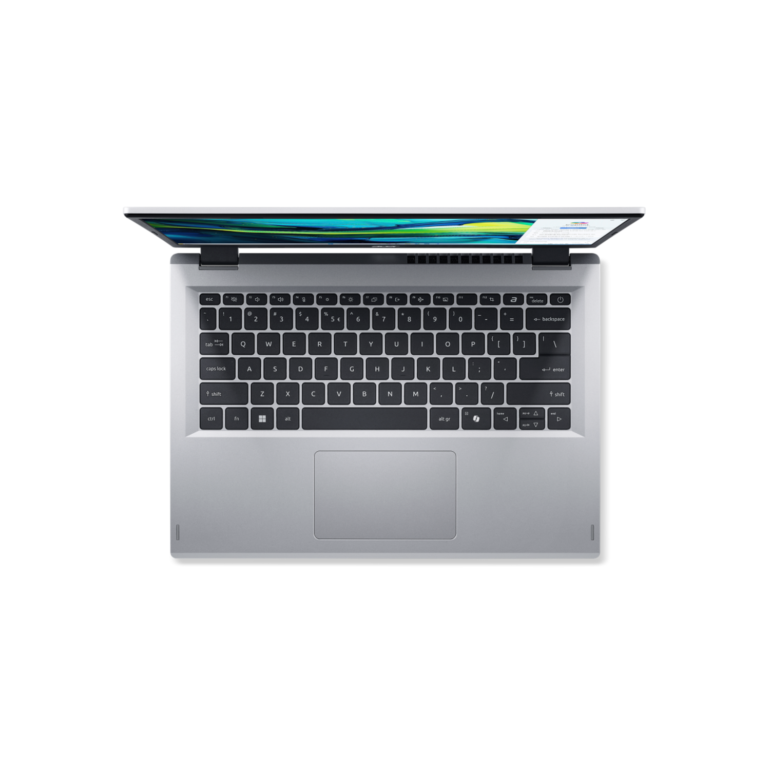 Laptop on black background. Keyboard and touchpad. Screen displays a white interface. Acer logo. Top view.