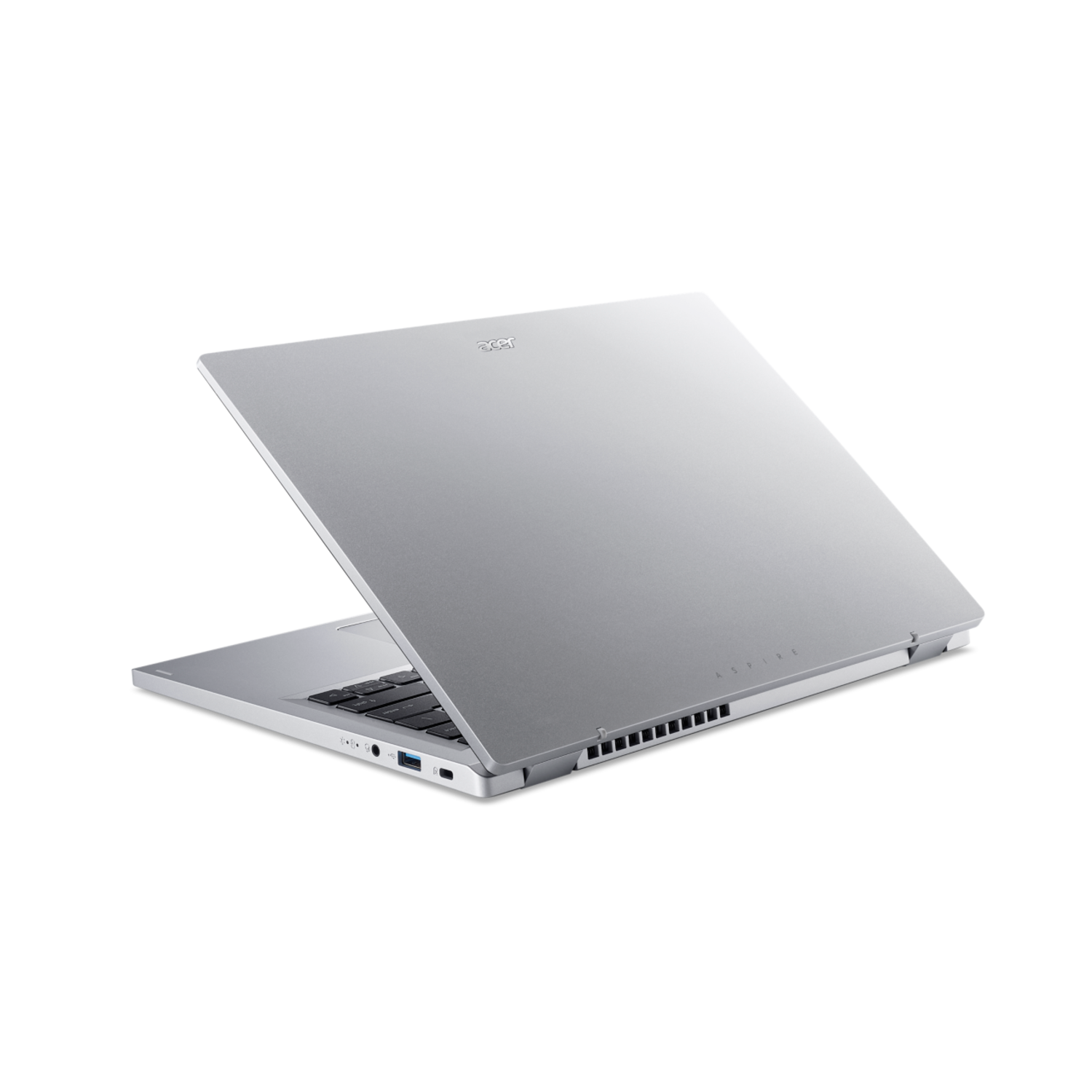 Silver laptop with the screen open, on a black background, Acer logo.