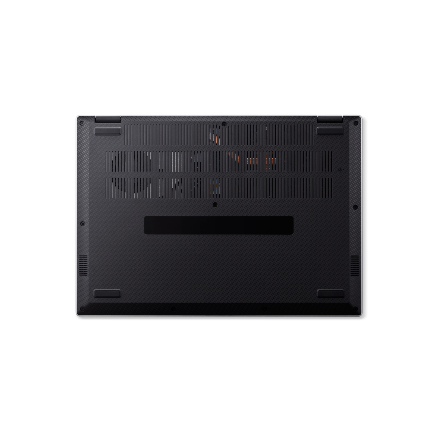 The underside of a black laptop with vents and feet.