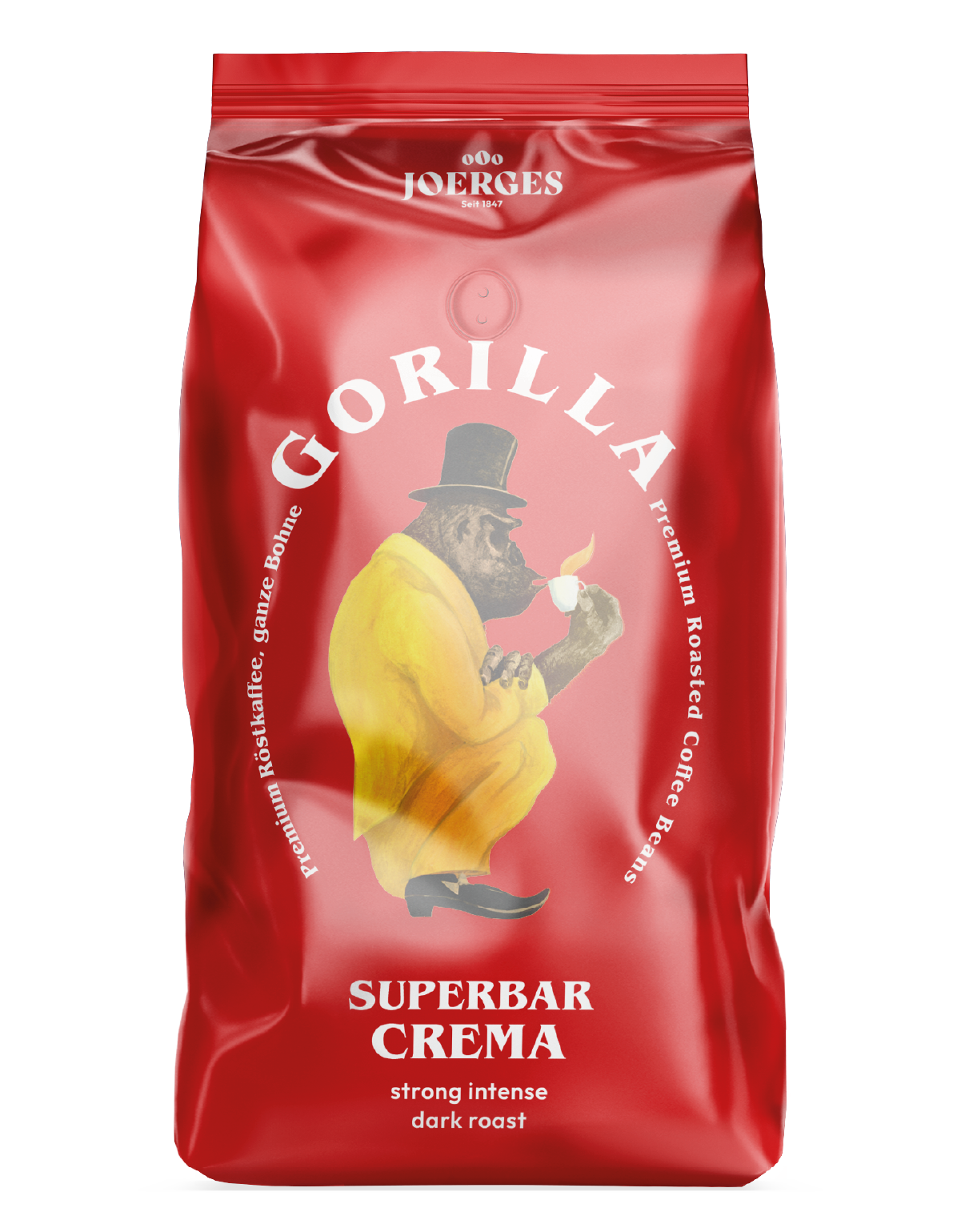 Ein roter Kaffeebeutel mit einer Gorilla-Illustration, die Kaffee trinkt.