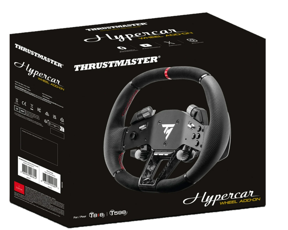 Eine schwarze Box mit einem Lenkrad im Inneren und dem Text Hypercar Wheel Add-on.