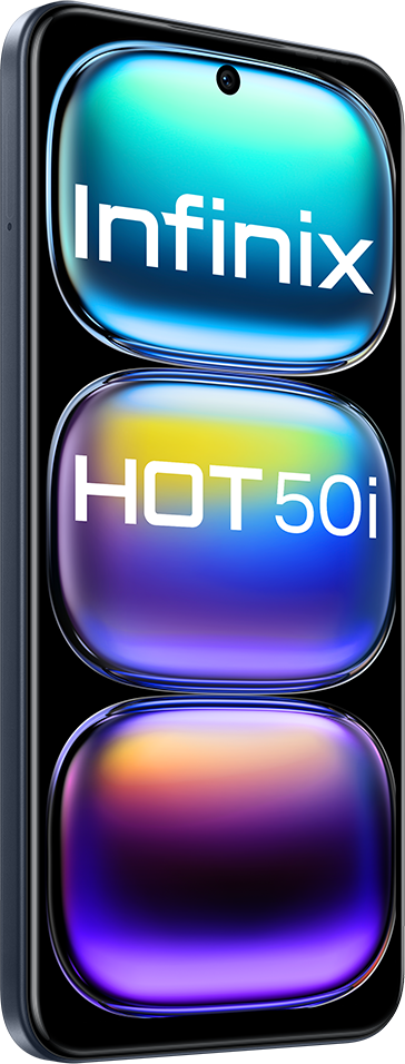 Fekete okostelefon nagy képernyővel, ami az 'Infinix' márkanevet és a 'HOT 50i' modellt mutatja.