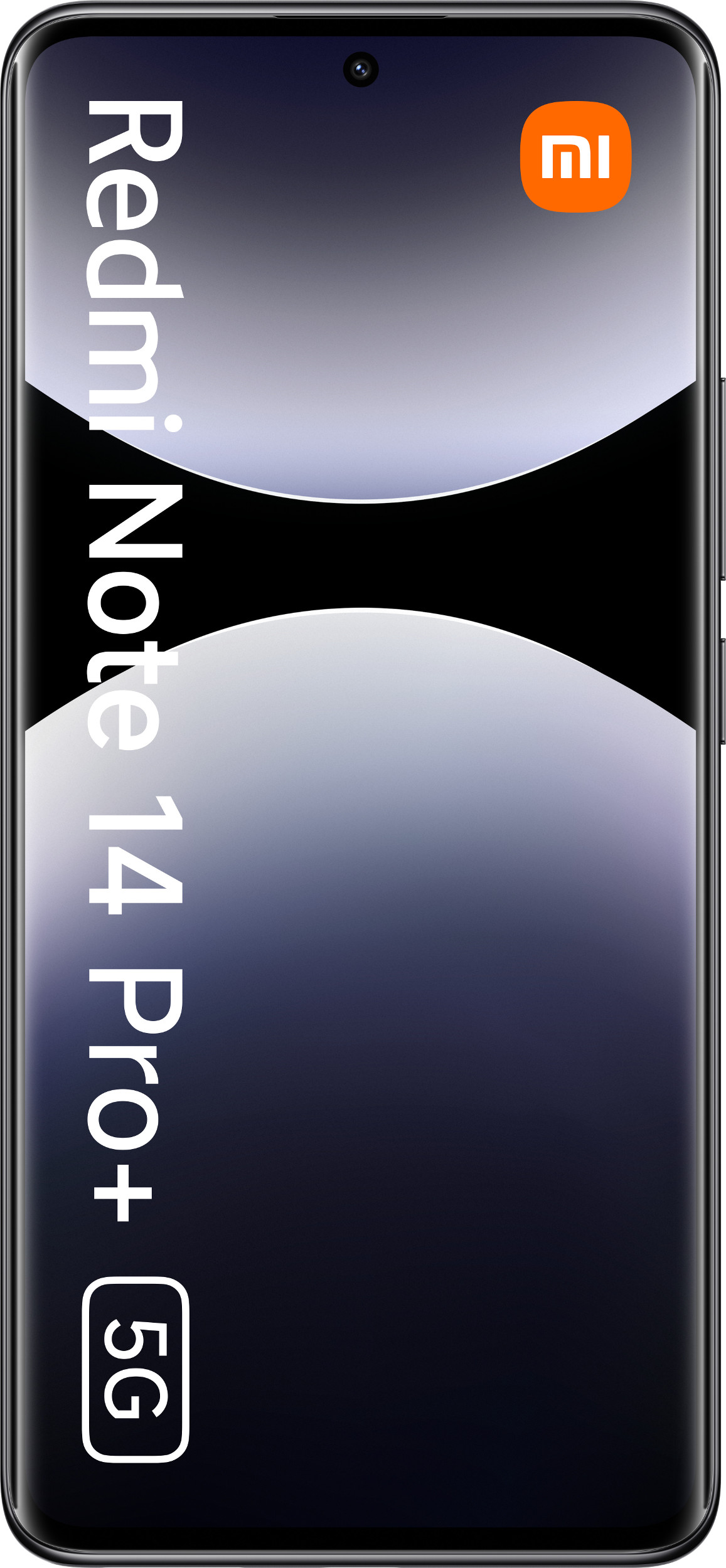 Czarny telefon. Tekst Redmi Note 14 Pro+ 5G. Biały tekst na wyświetlaczu. Pomarańczowe logo Xiaomi.