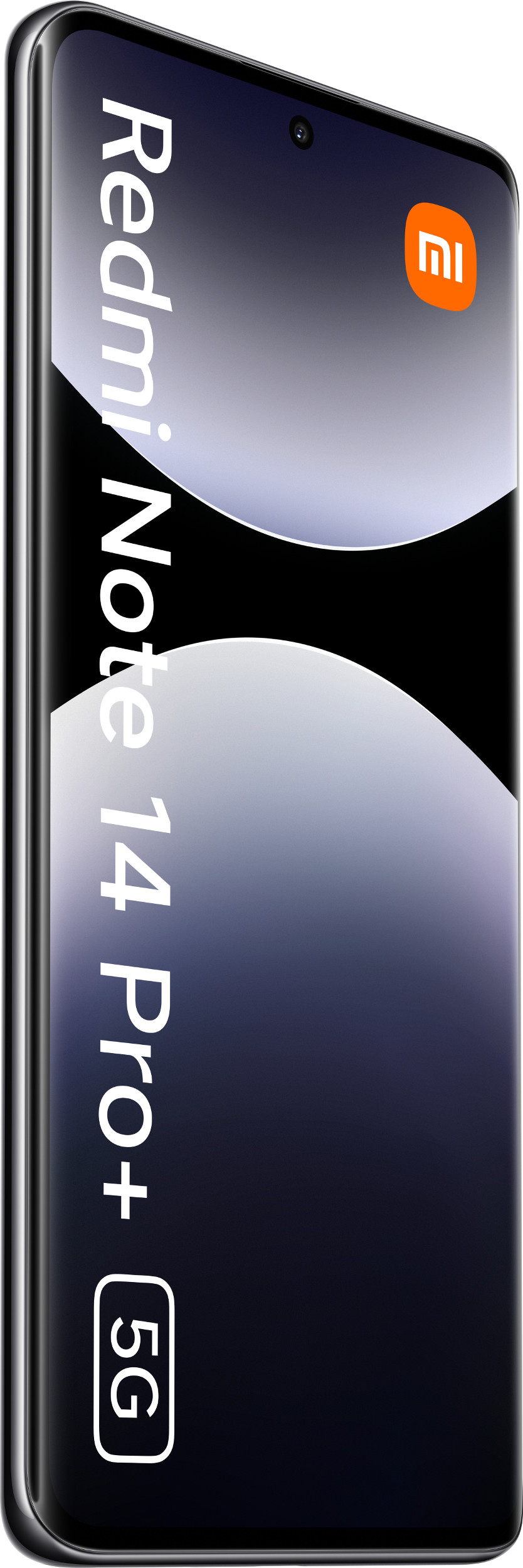 Telefon Redmi Note 14 Pro+ 5G, czarny ekran z białym tekstem, widok z kąta.