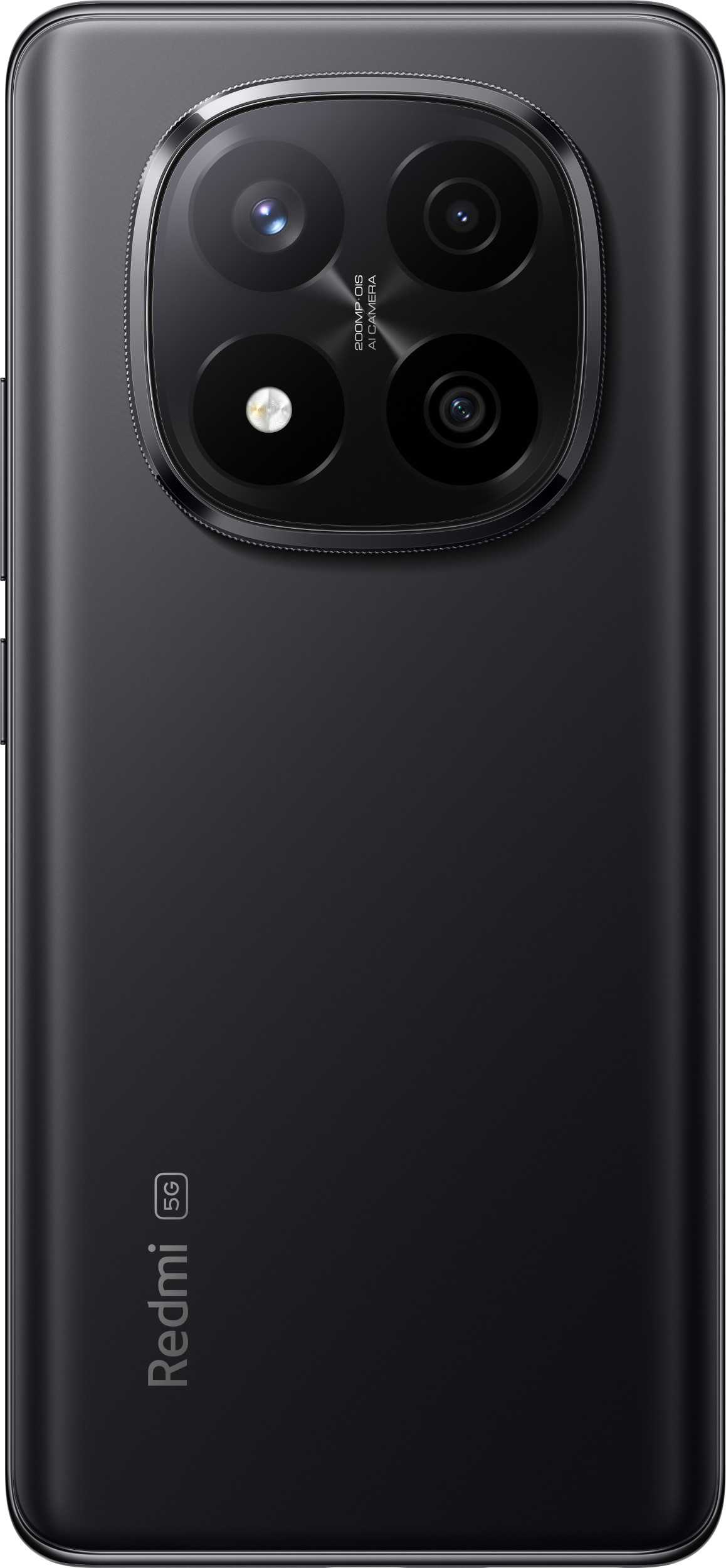 Tył czarnego telefonu. Duży moduł aparatu z wieloma obiektywami. Tekst Redmi 5G. Czarne tło.