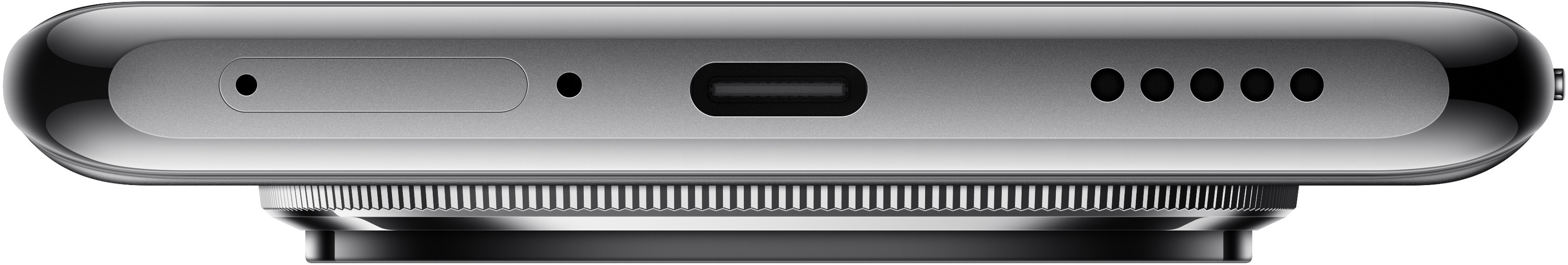 Widok od spodu smartfona z różnymi portami i obiektywem na dole.