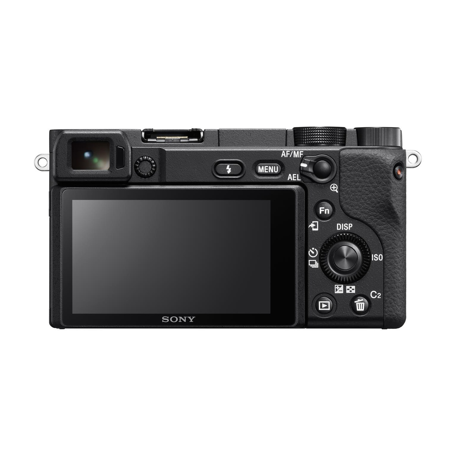 Parte posteriore della fotocamera nera. Schermo, pulsanti e ghiere visibili. Logo Sony in basso.