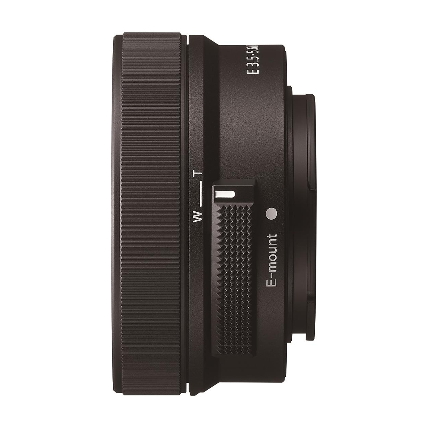 Obiettivo nero con etichetta E-mount e controlli regolabili.