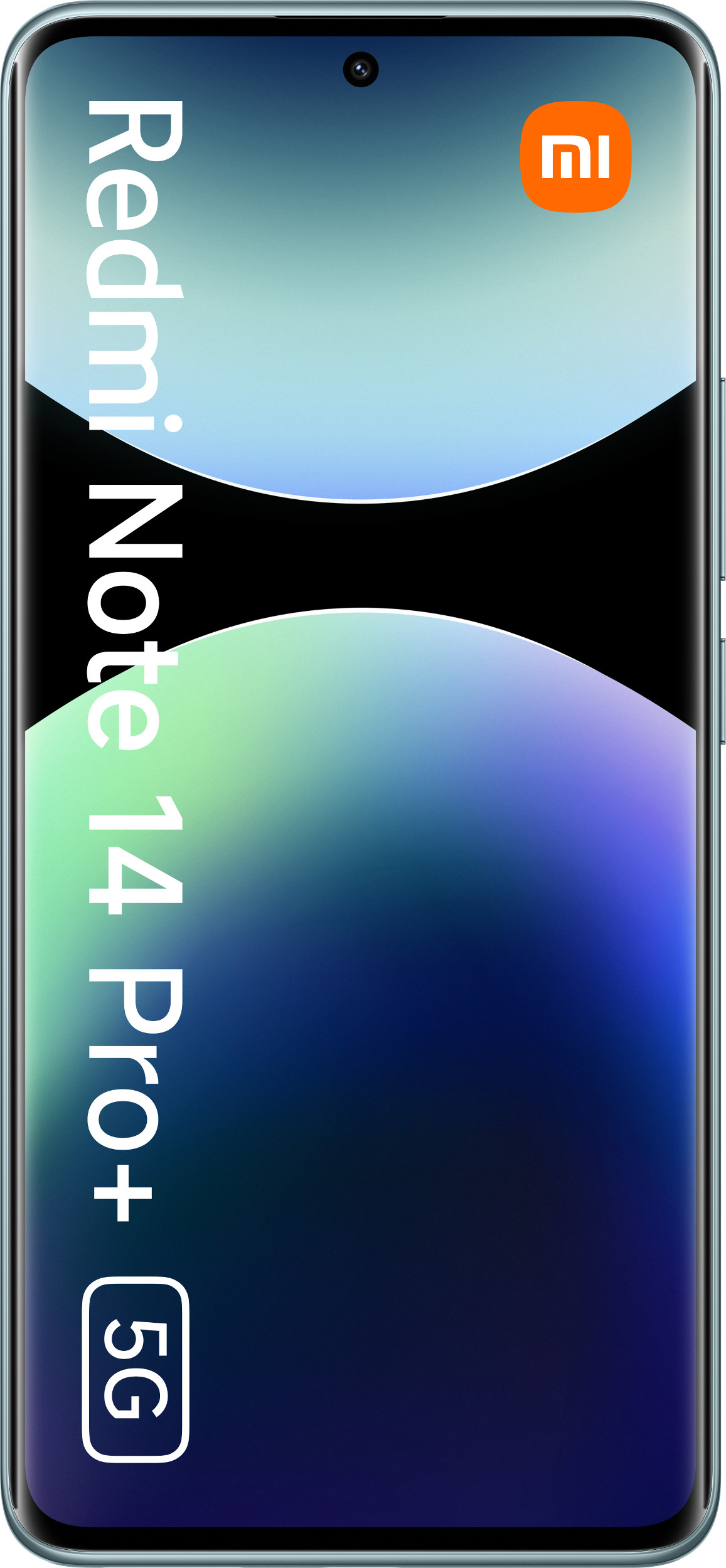 Czarny telefon. Tekst Redmi Note 14 Pro+ 5G. Biały tekst na wyświetlaczu. Pomarańczowe logo Xiaomi.