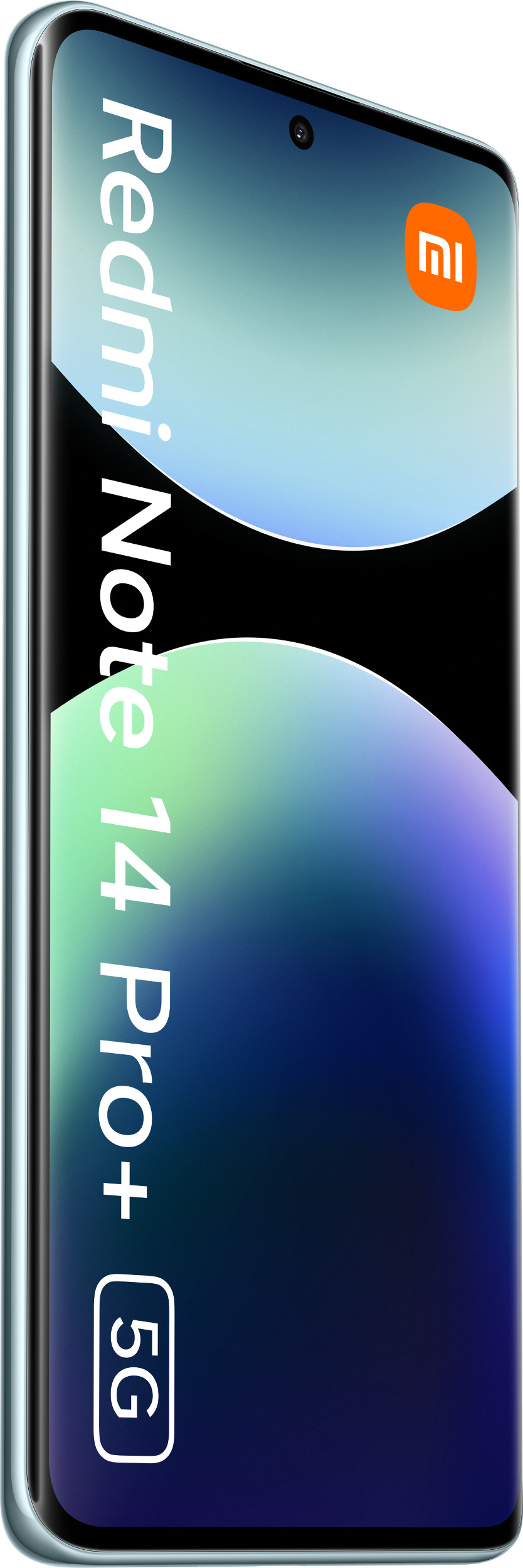 Telefon z zakrzywionym wyświetlaczem. Widoczny tekst Redmi Note 14 Pro+ 5G. Logo Xiaomi jest pomarańczowe.