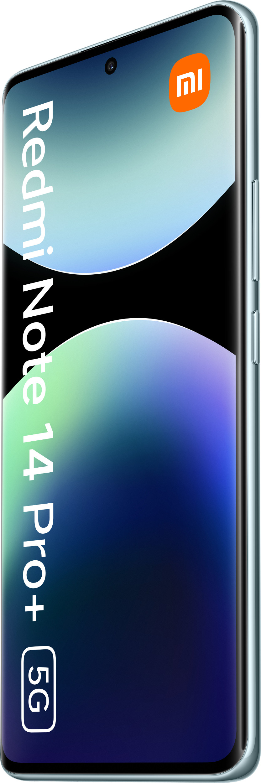 Telefon z zakrzywionym wyświetlaczem. Widoczny tekst Redmi Note 14 Pro+ 5G. Logo Xiaomi jest pomarańczowe.