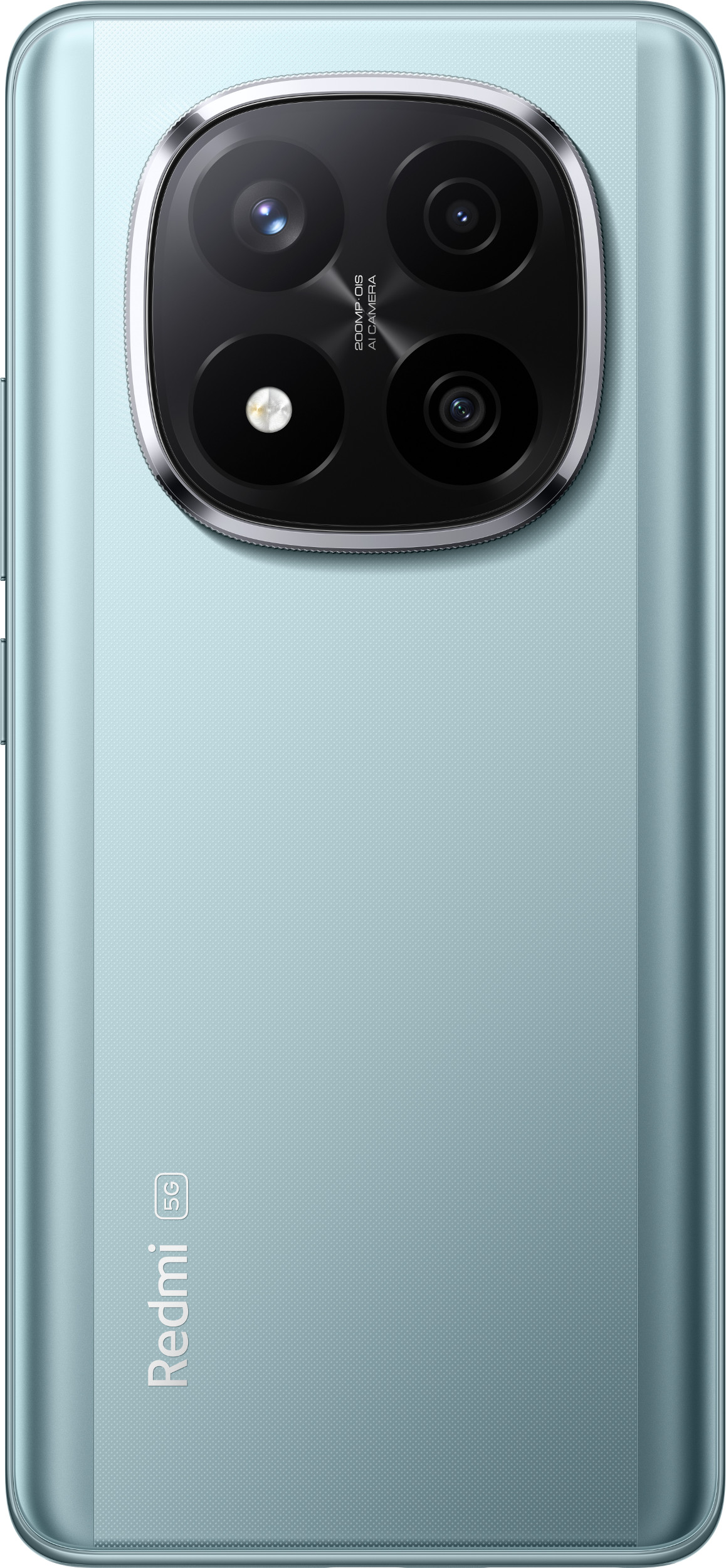 Jasnoniebieski tył telefonu Redmi z potrójnym aparatem i logo 5G.
