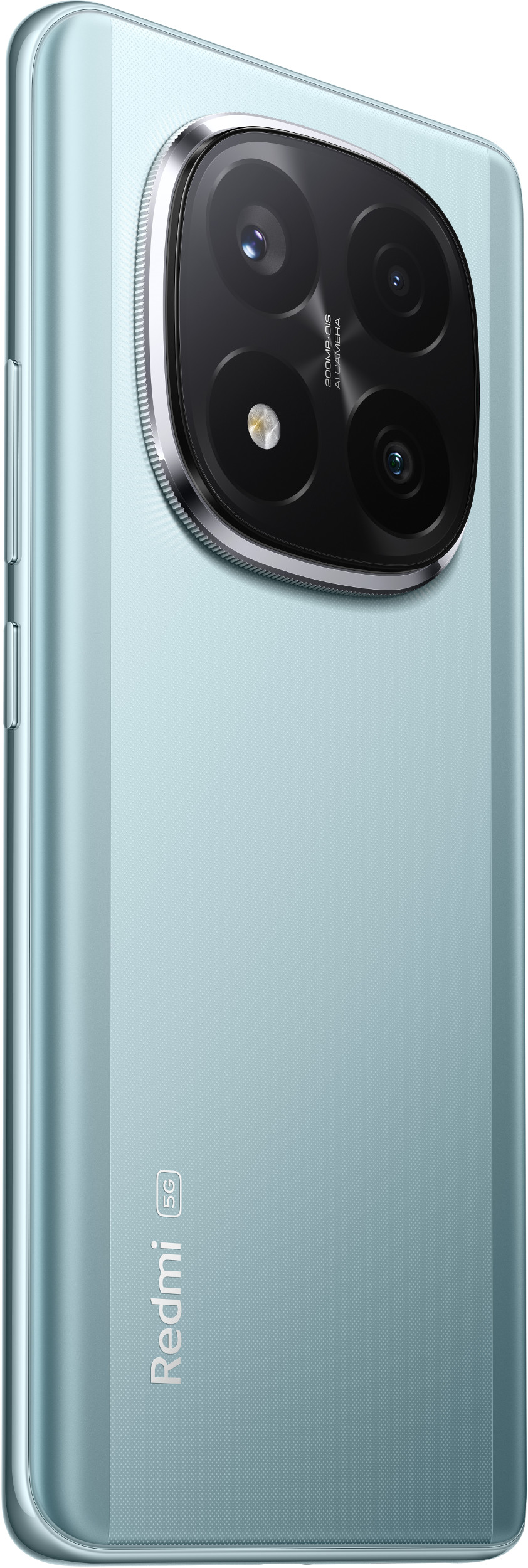 Jasnoniebieski telefon Redmi, widok z tyłu. Posiada duży zestaw aparatów.
