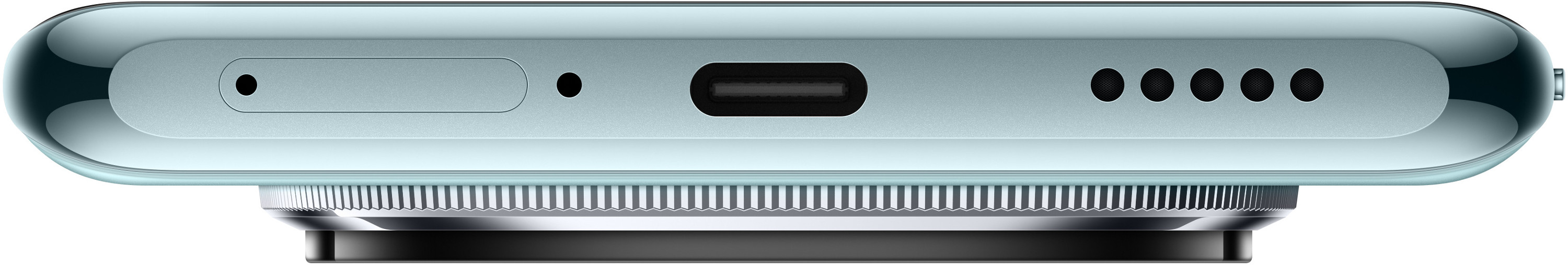 Widok z boku urządzenia z portami, otworami i metalowym pierścieniem. Czarne tło.