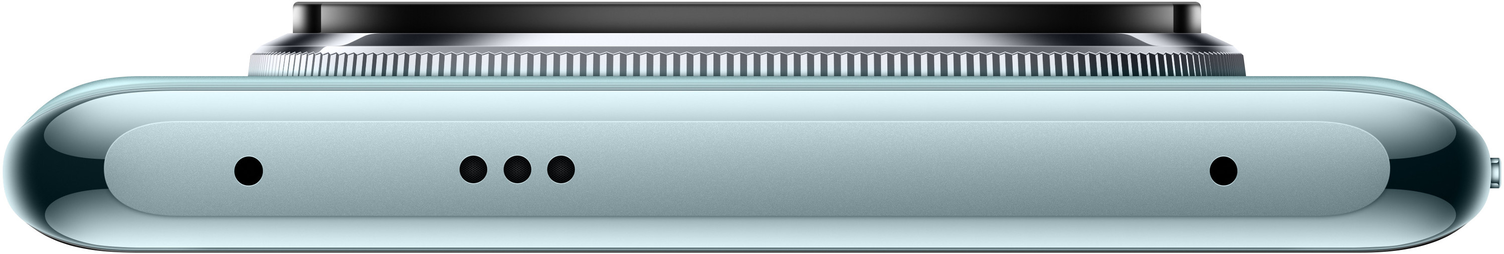 Spód telefonu z trzema otworami i obiektywem aparatu. Zielony telefon. Czarne tło.