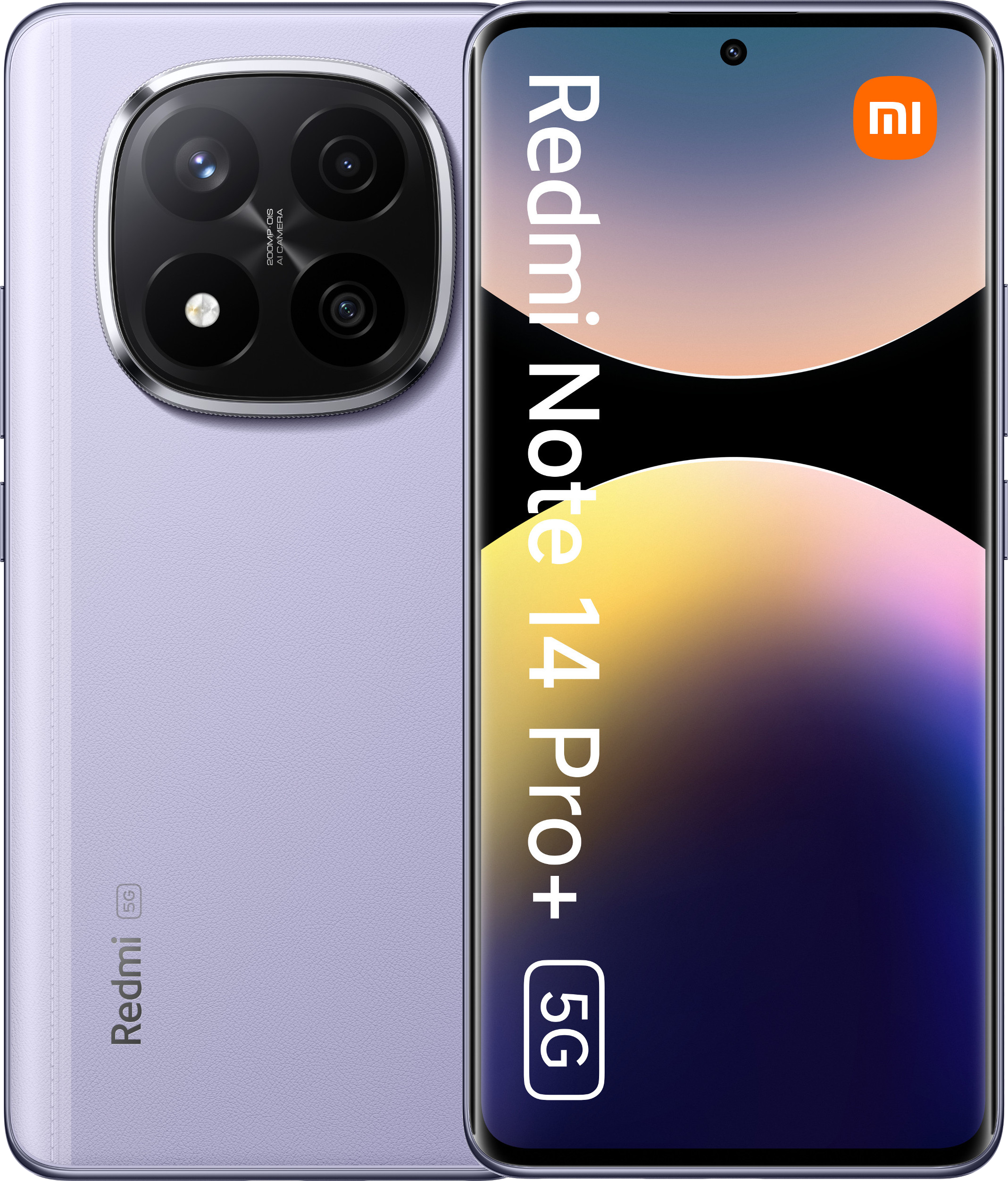 Fioletowy telefon z dużą wypukłością aparatu z tyłu i napisem 'Redmi Note 14 Pro+'.