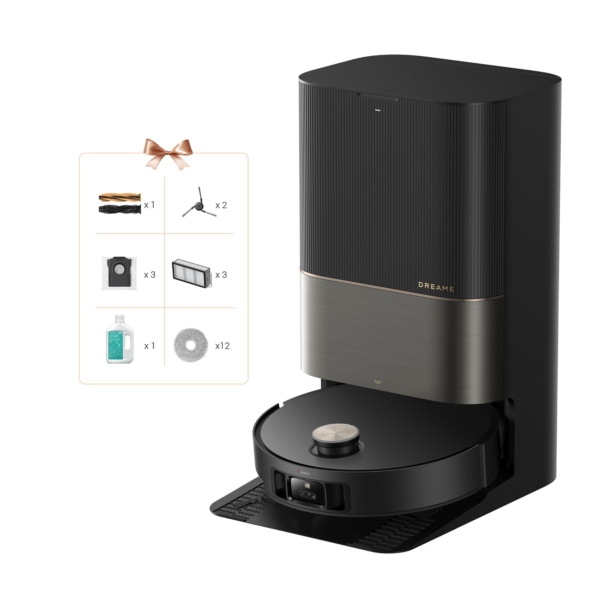 Schwarzer Roboter-Staubsauger mit Zubehör, isoliert auf weißem Hintergrund.