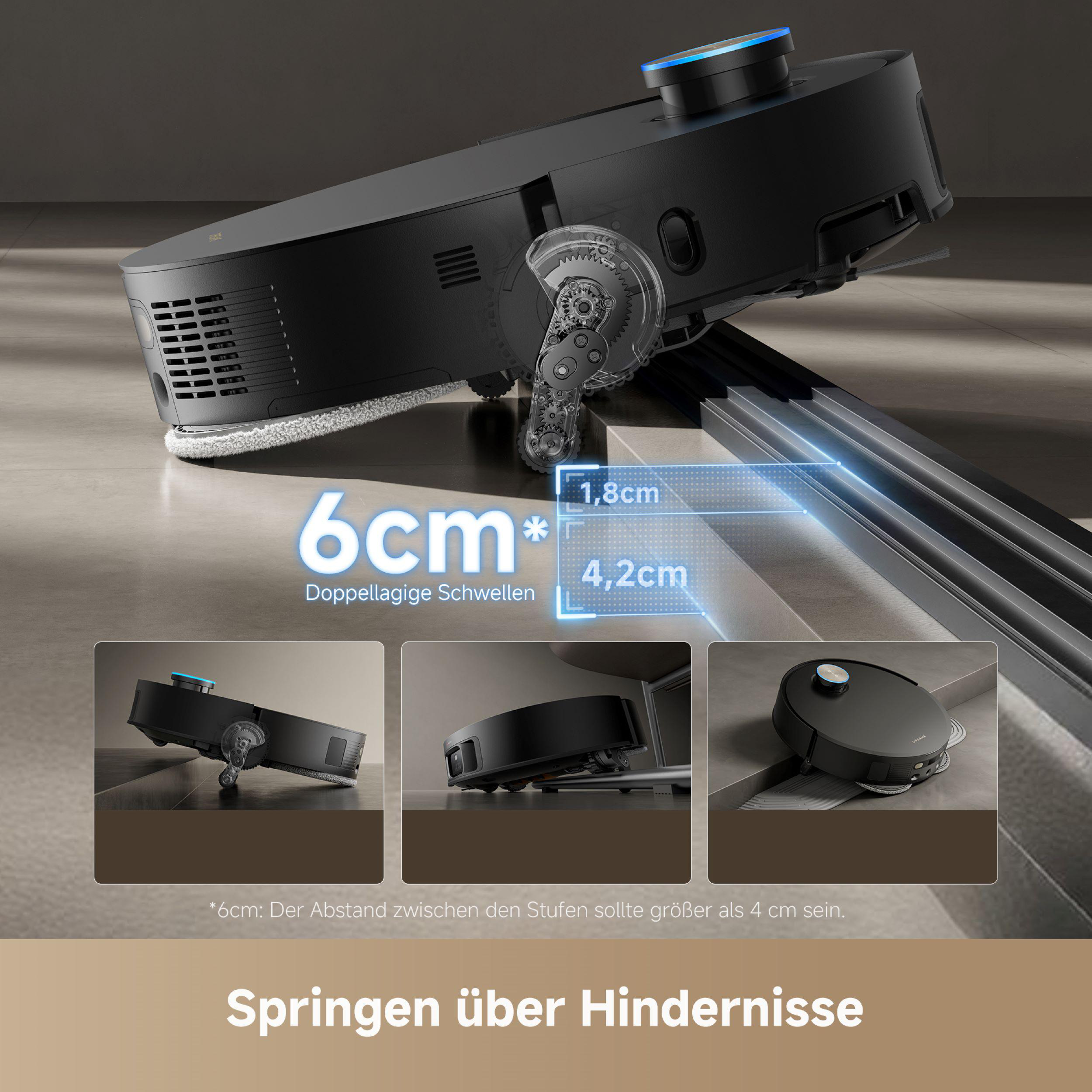 Roboter-Staubsauger, der eine Stufe erklimmt. Schwarz und grau, Diagramm von Stufen.