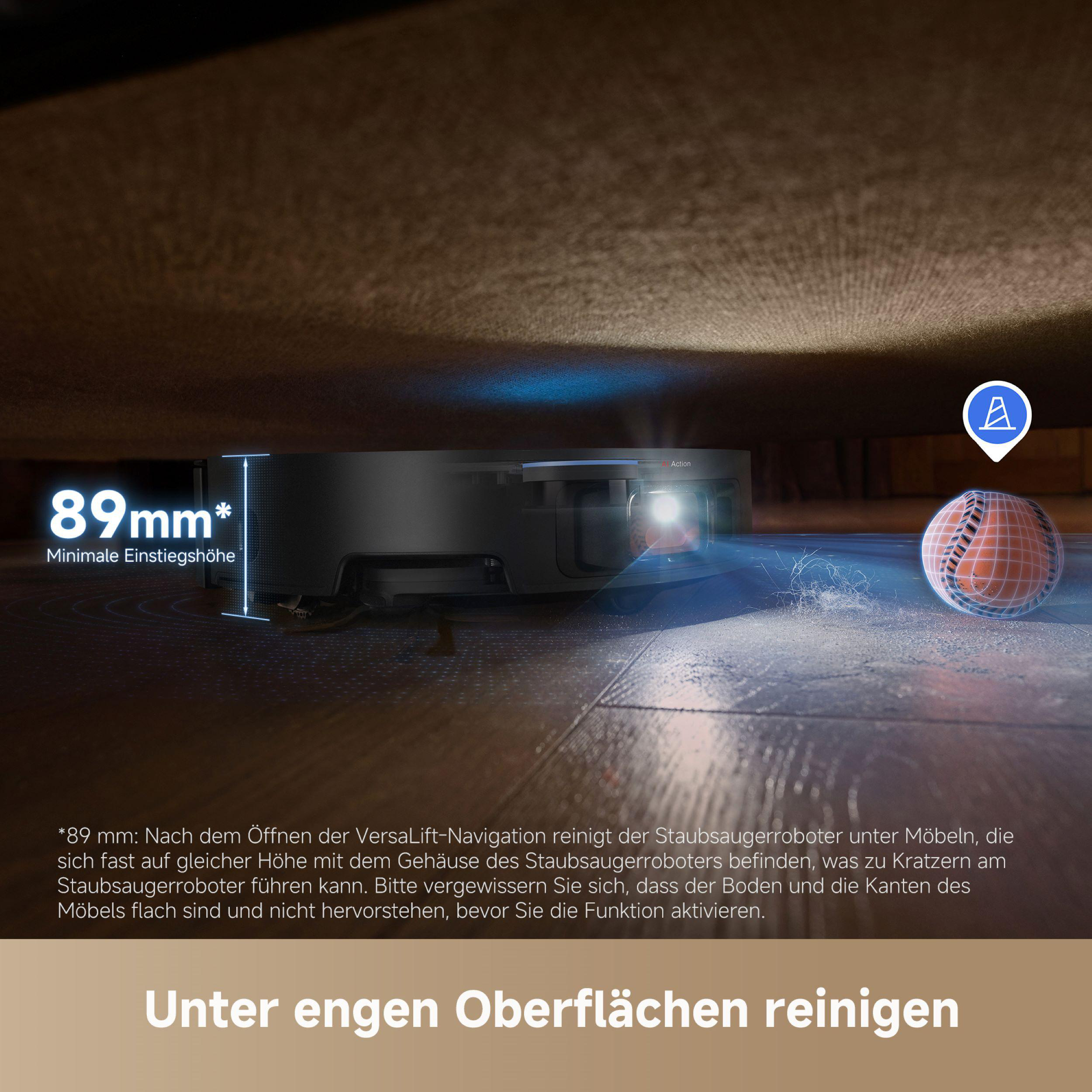 Roboter-Staubsauger reinigt unter einer Oberfläche mit Text zur Höhe.