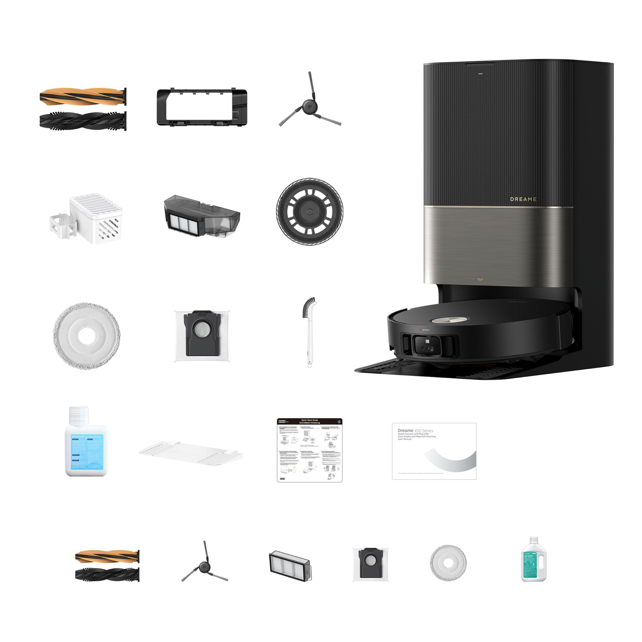 Roboter-Staubsauger und Teile, weißer Hintergrund, Dreame, schwarz, gold.