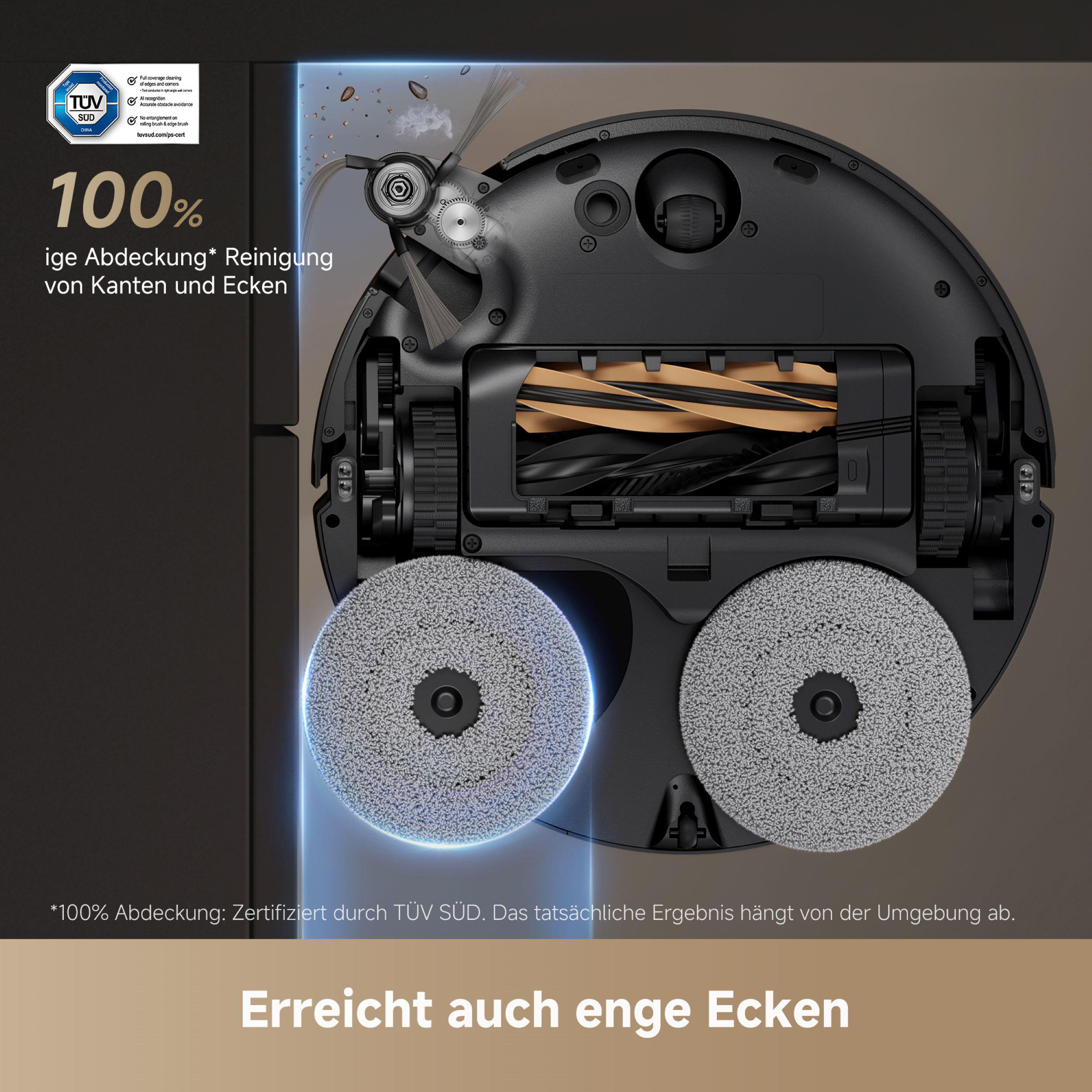 Schwarzer Roboter-Staubsauger reinigt den Boden.
