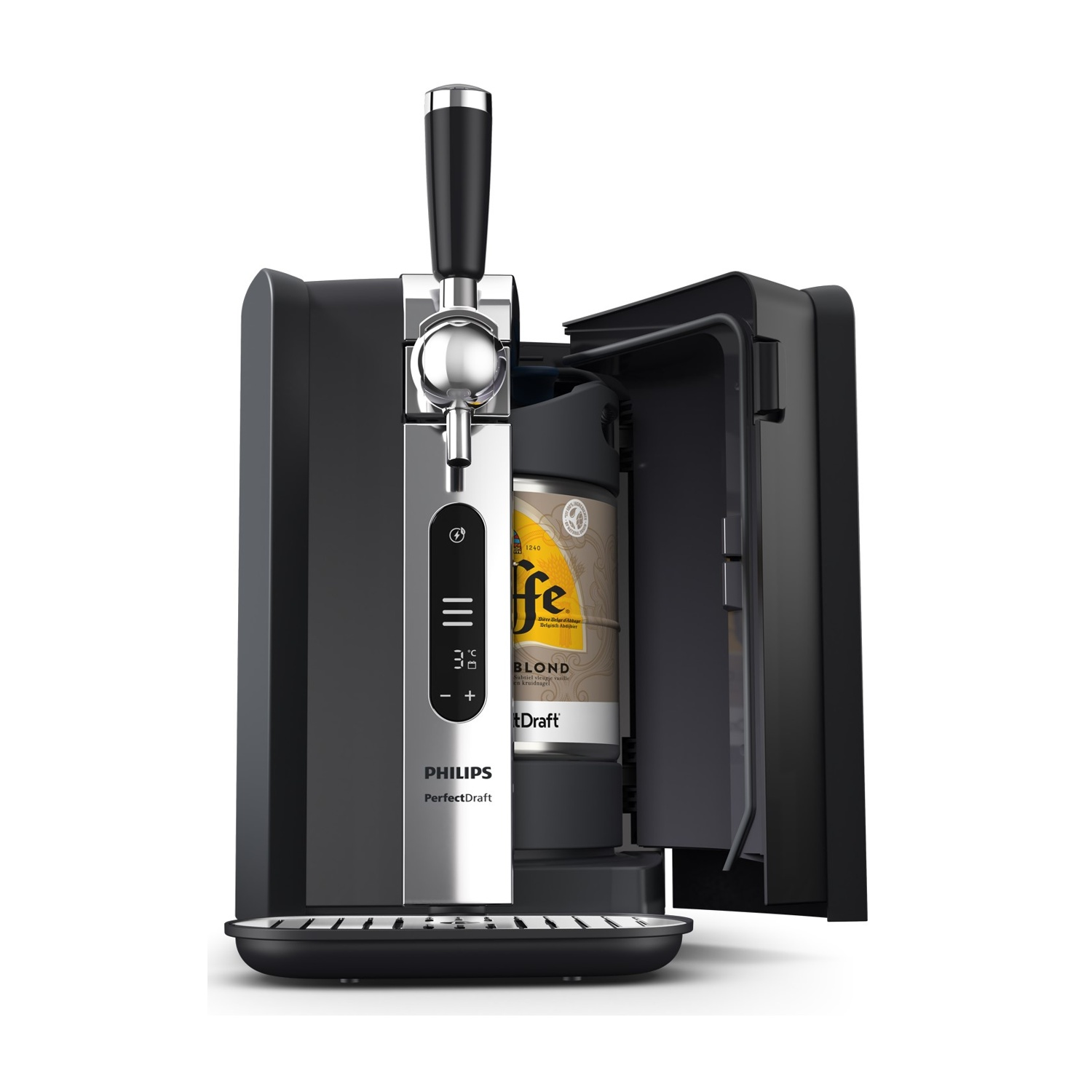 Un erogatore di birra Philips PerfectDraft nero, con un fusto di birra all'interno.