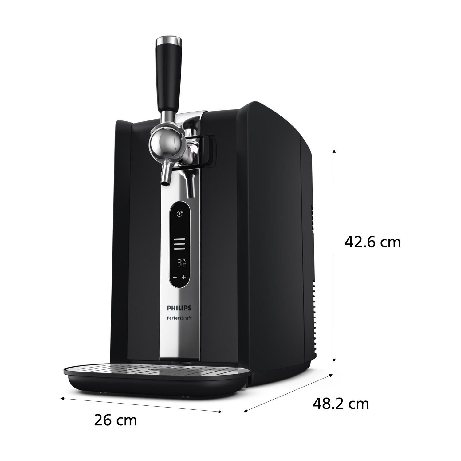 Un erogatore di birra Philips PerfectDraft nero con dimensioni etichettate.