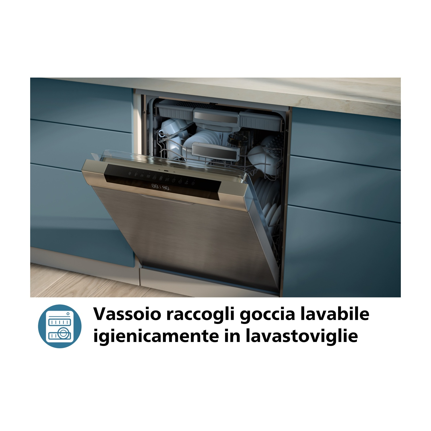 Una lavastoviglie con la porta aperta, che mostra i piatti all'interno.