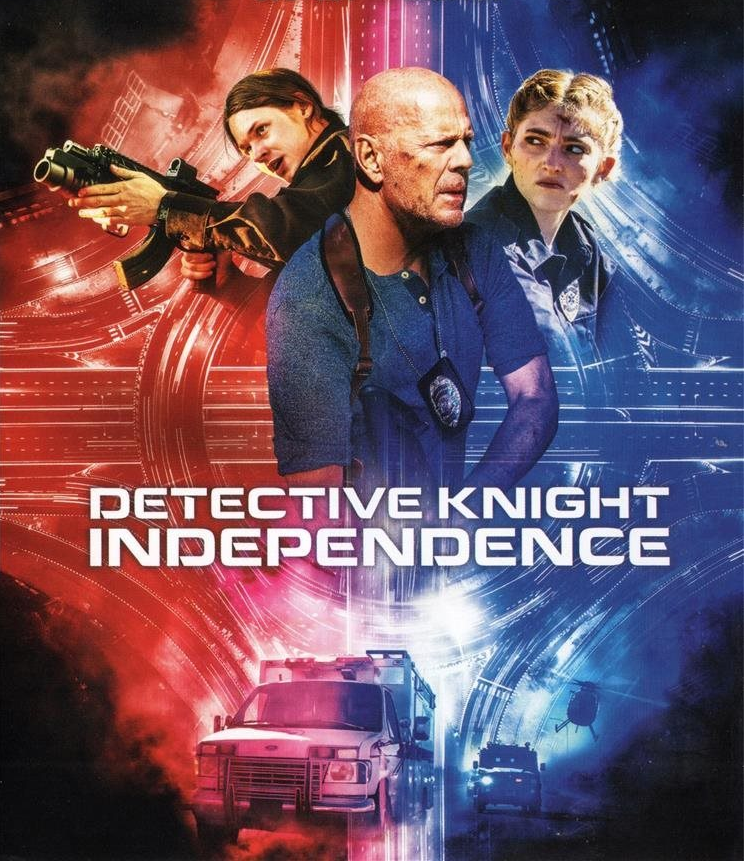 Filmposter van 'Detective Knight: Independence' met Bruce Willis en twee andere acteurs. Blauwe en rode achtergrond.