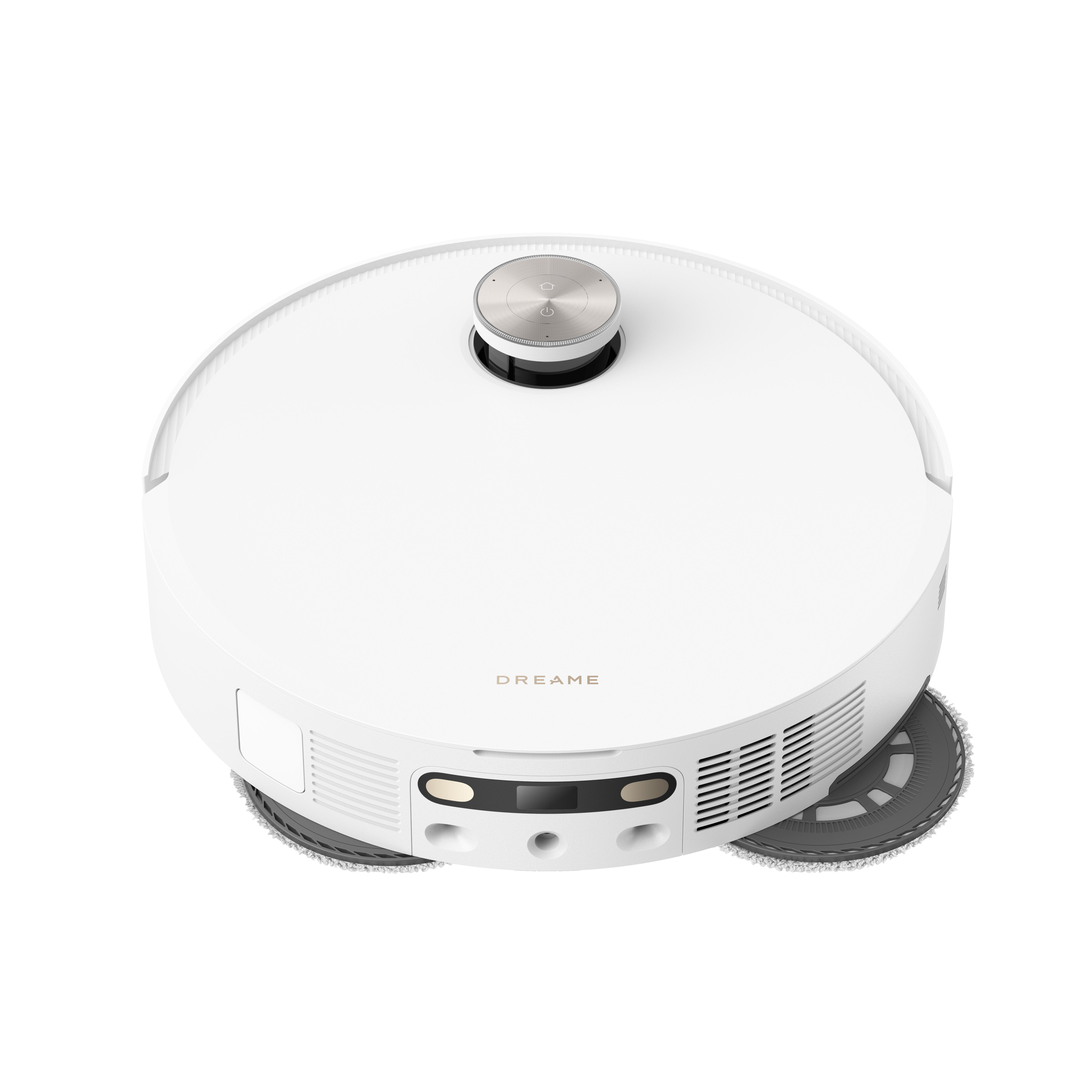Weißer Roboter-Staubsauger aus einem Winkel. Das Wort DREAME ist darauf geschrieben.