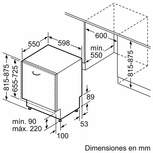 Un diagrama de un lavavajillas con medidas y dimensiones en mm.