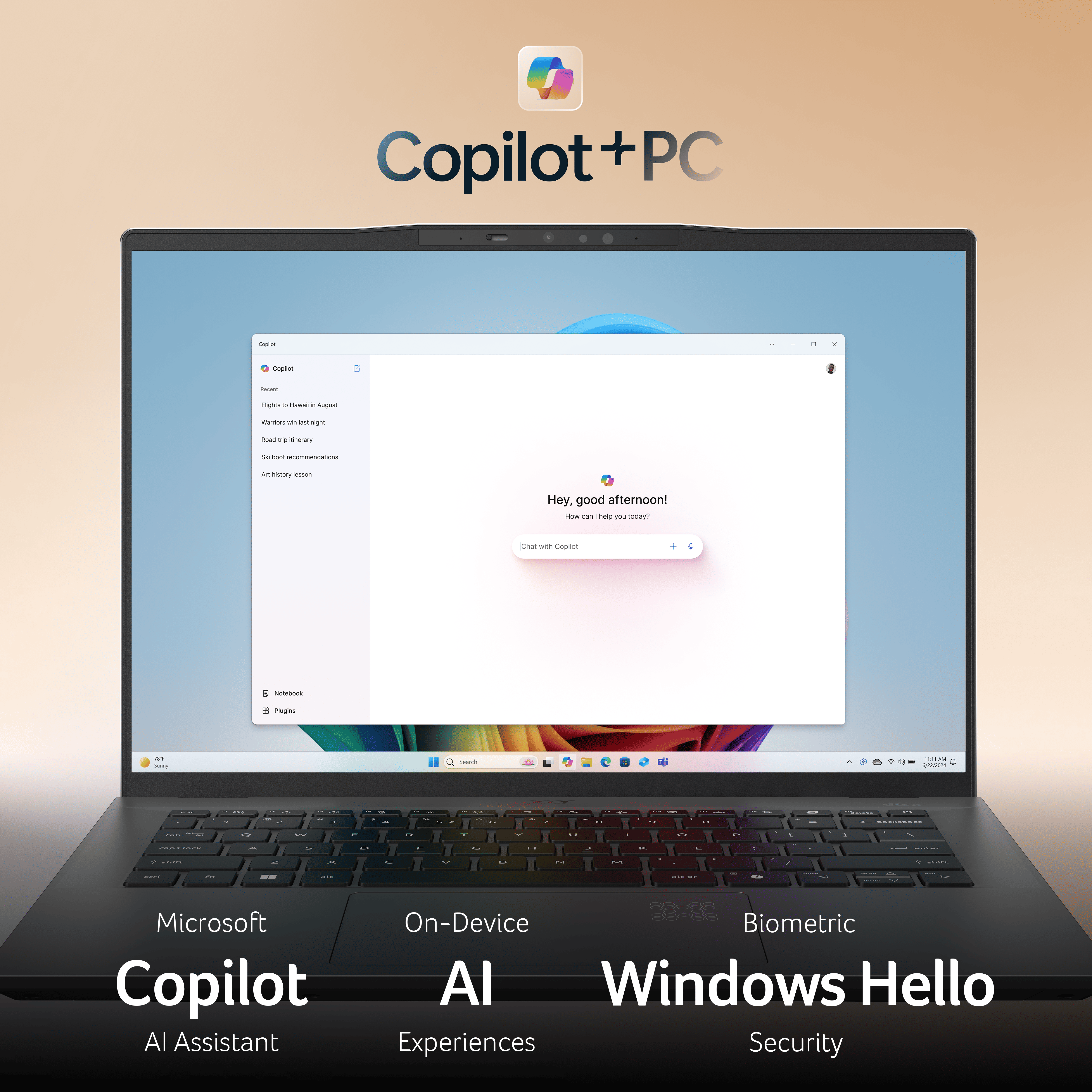 Ordenador portátil con interfaz Copilot, texto: Microsoft Copilot, Windows Hello.