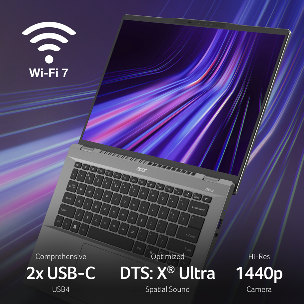 Ordenador portátil gris con el logotipo WiFi 7 y otra información.