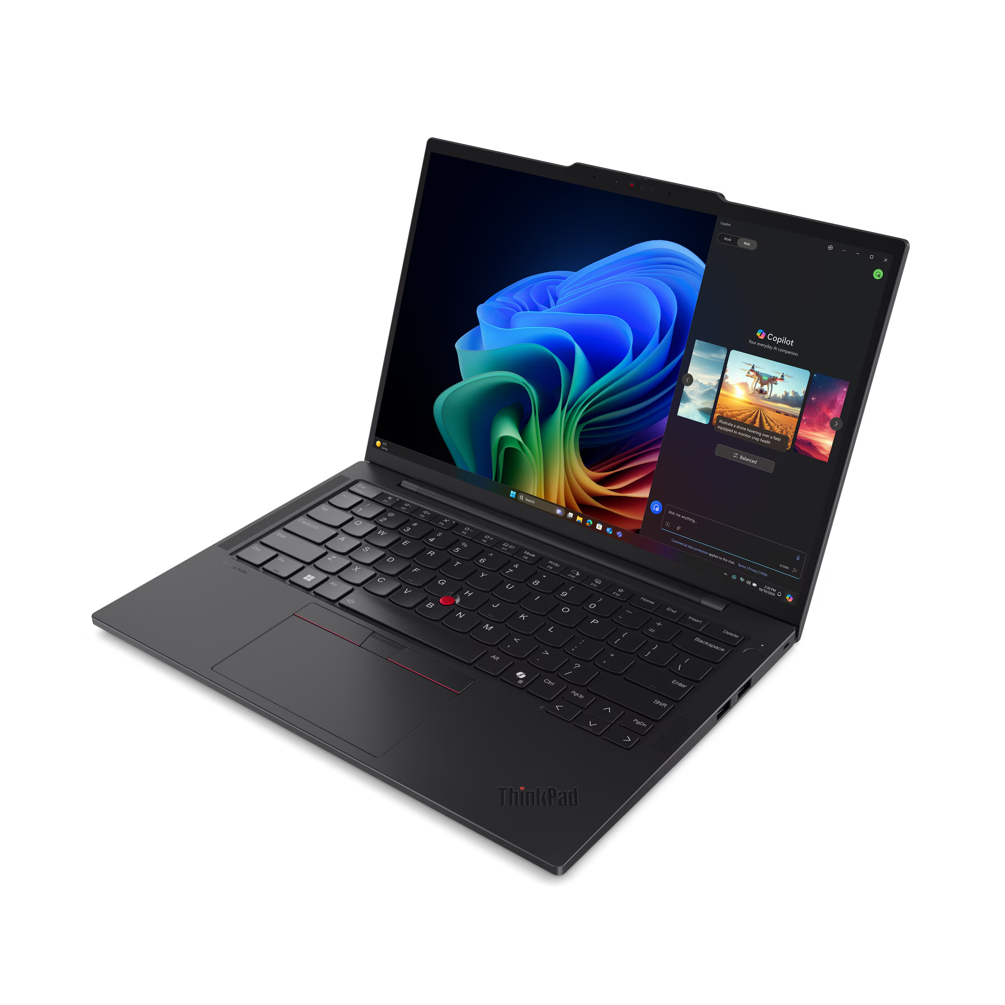 Portátil negro, pantalla abierta, mostrando diseño abstracto azul y amarillo con panel copilot.