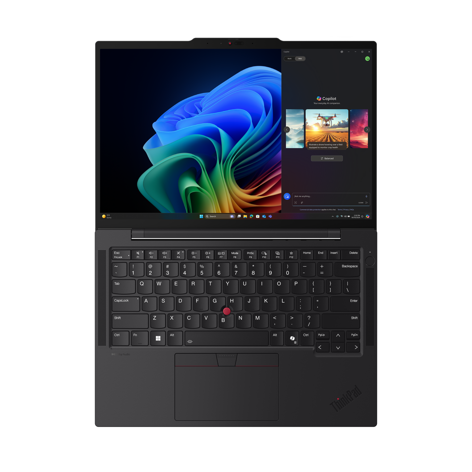 Portátil ThinkPad negro, abierto, mostrando el teclado y la pantalla.