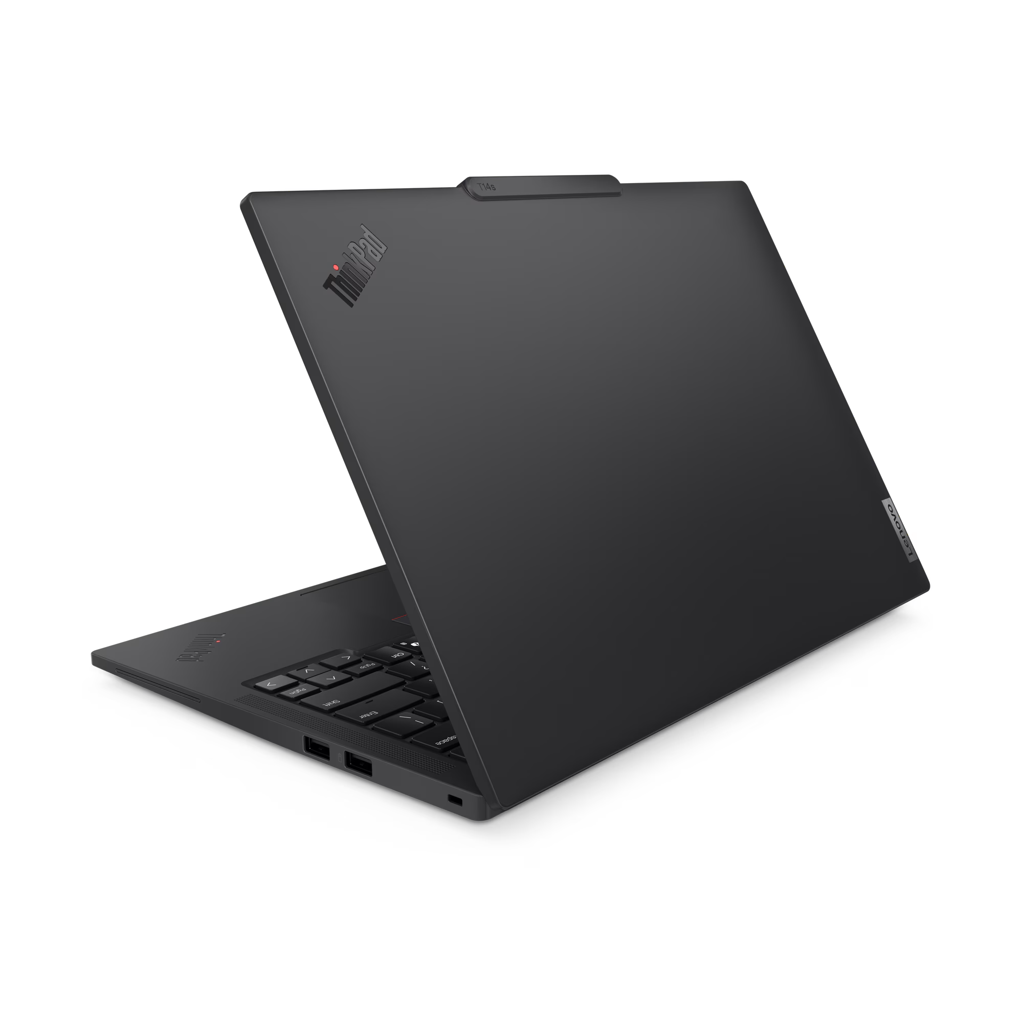 Portátil negro, cerrado, en ángulo, mostrando la parte trasera y logo ThinkPad.