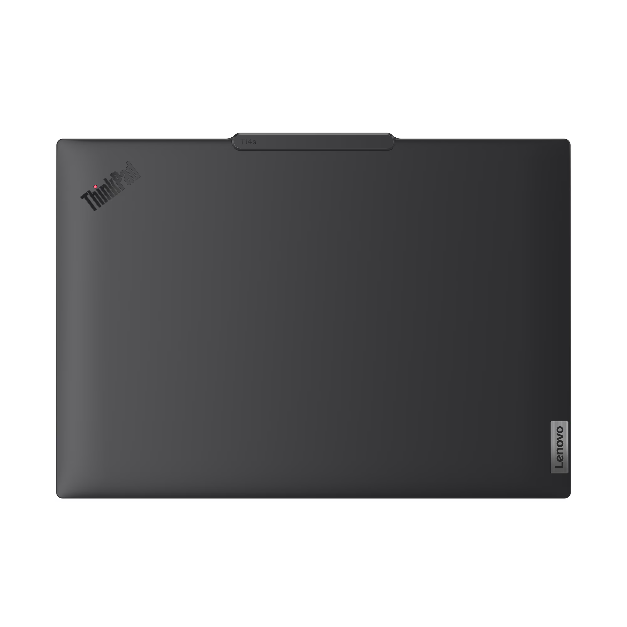 La parte trasera de un portátil negro con logotipo ThinkPad y Lenovo.