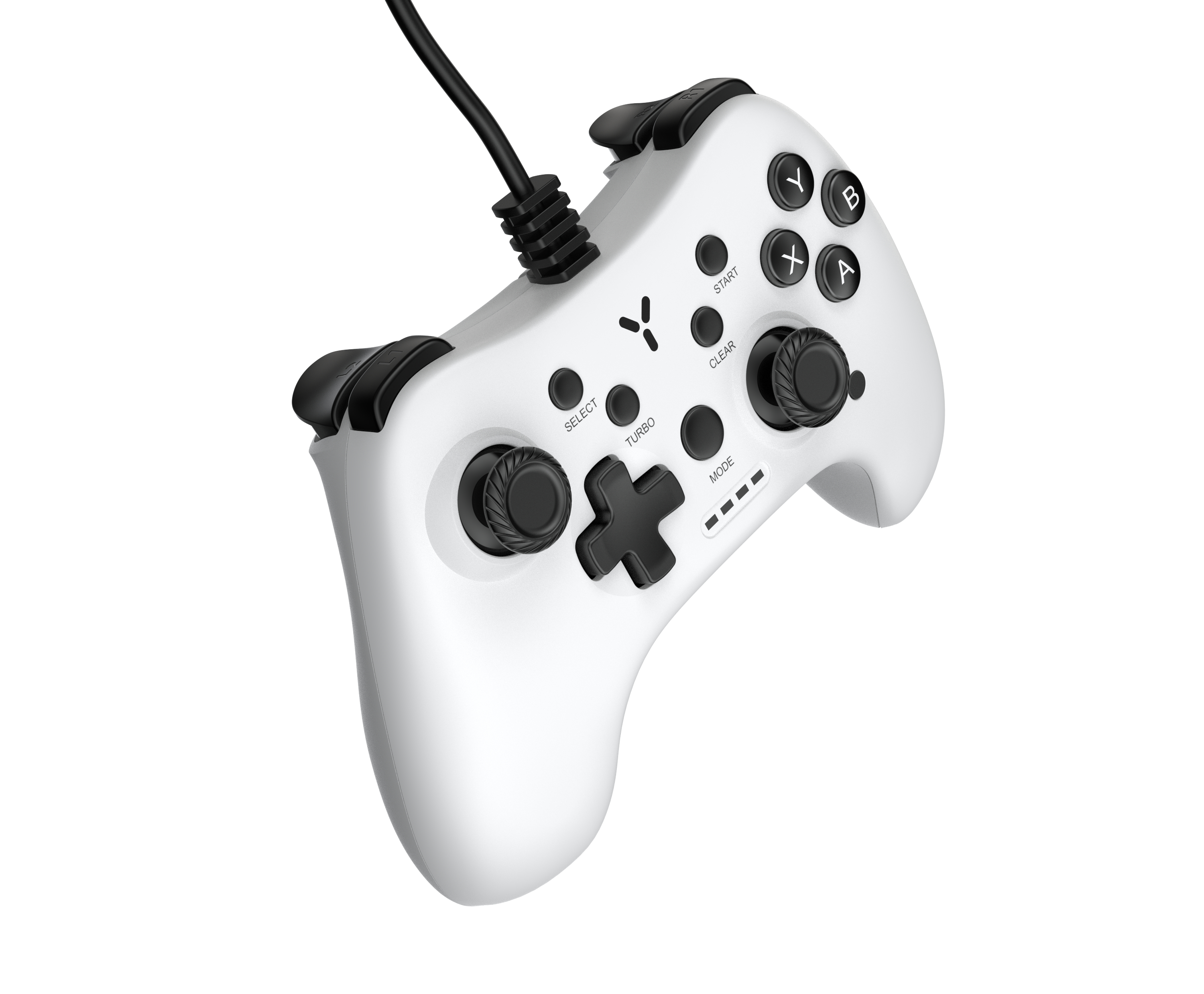 Weißer Gamecontroller mit schwarzen Akzenten, an einem schwarzen Kabel befestigt.