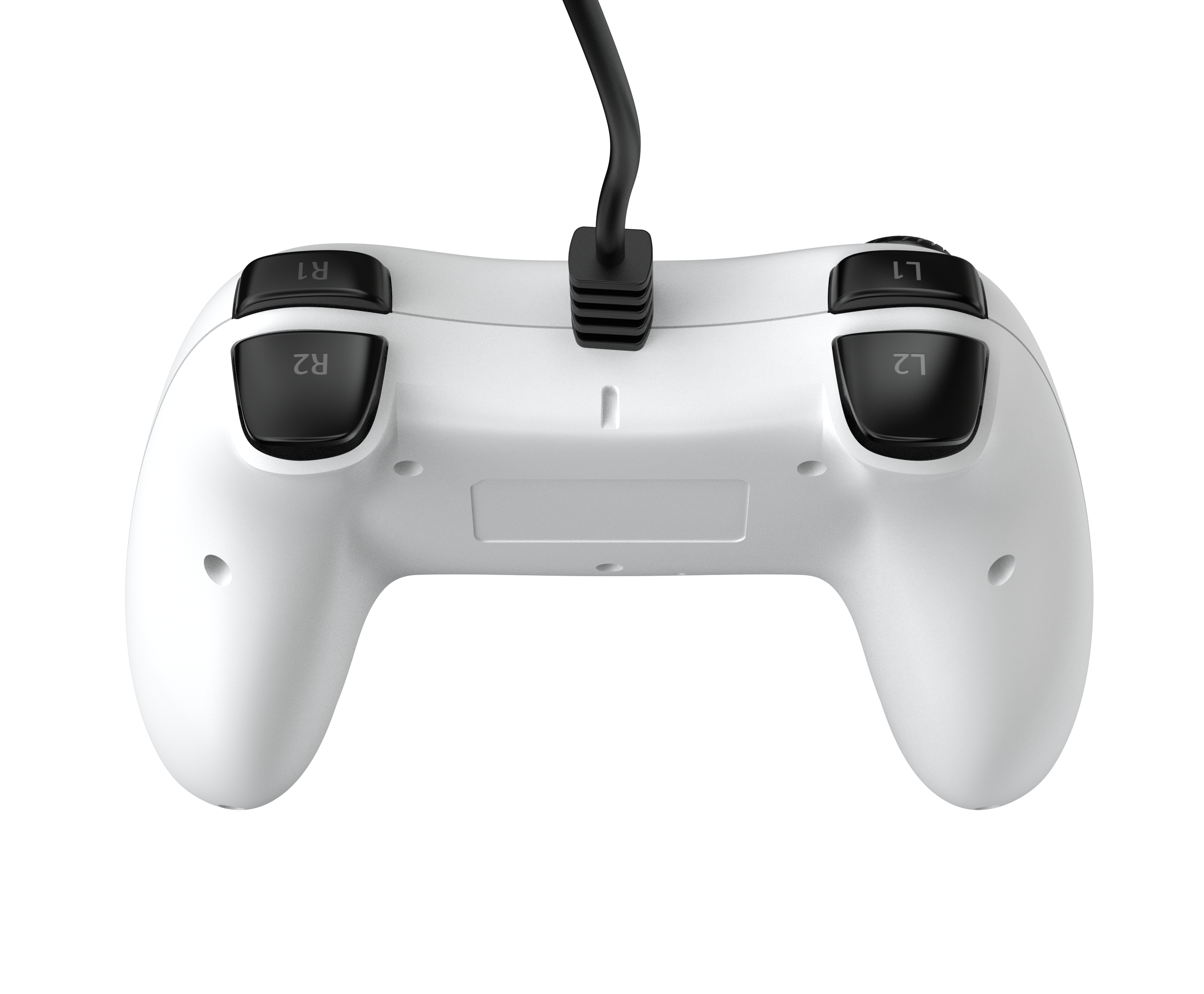 Weißer Gamecontroller, Rückansicht. Schwarze Knöpfe und Trigger. Isoliert auf Weiß.