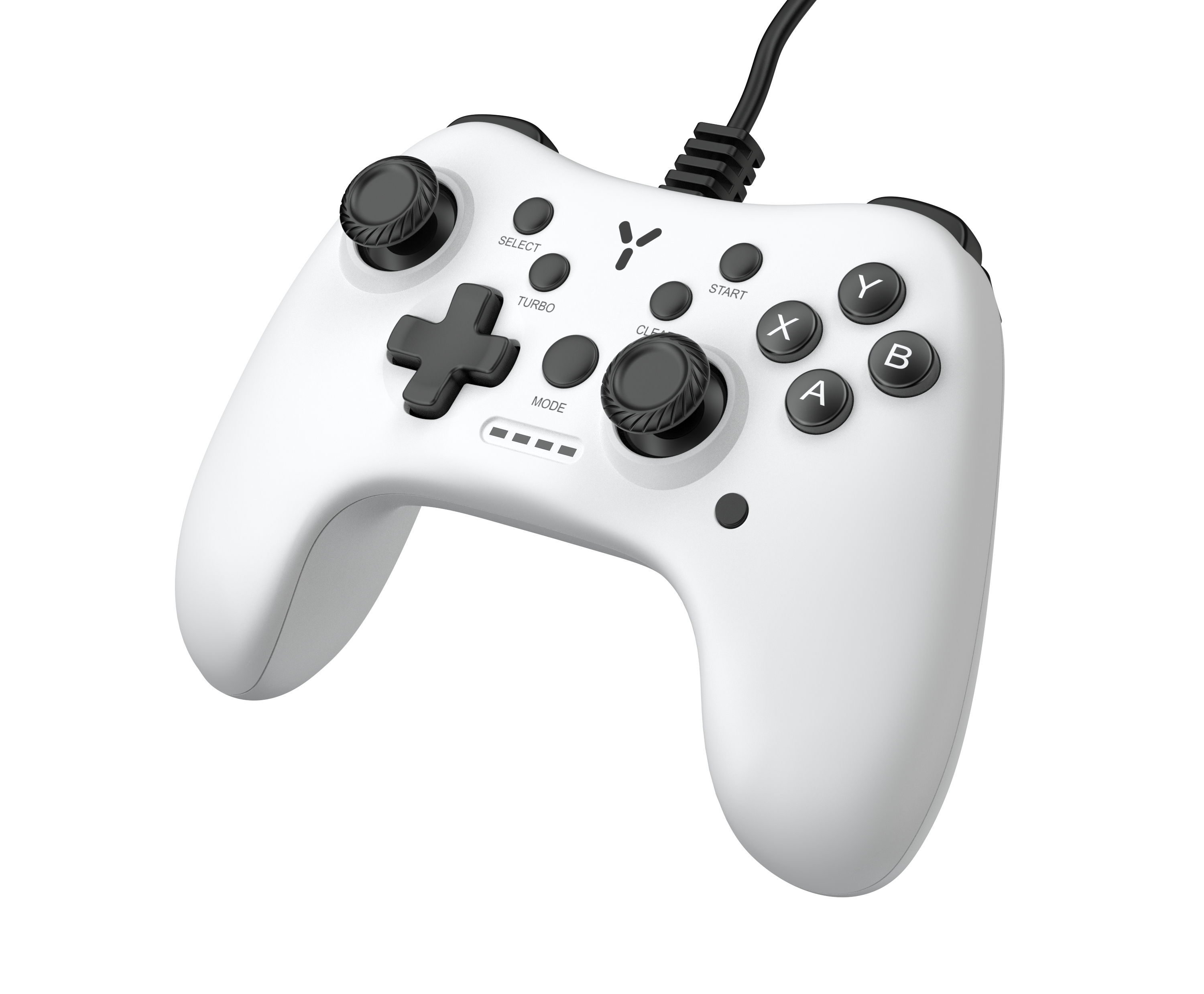 Weißer Gamecontroller mit Tasten. Schwarze Joysticks und Knöpfe. Schwarzes Kabel befestigt.