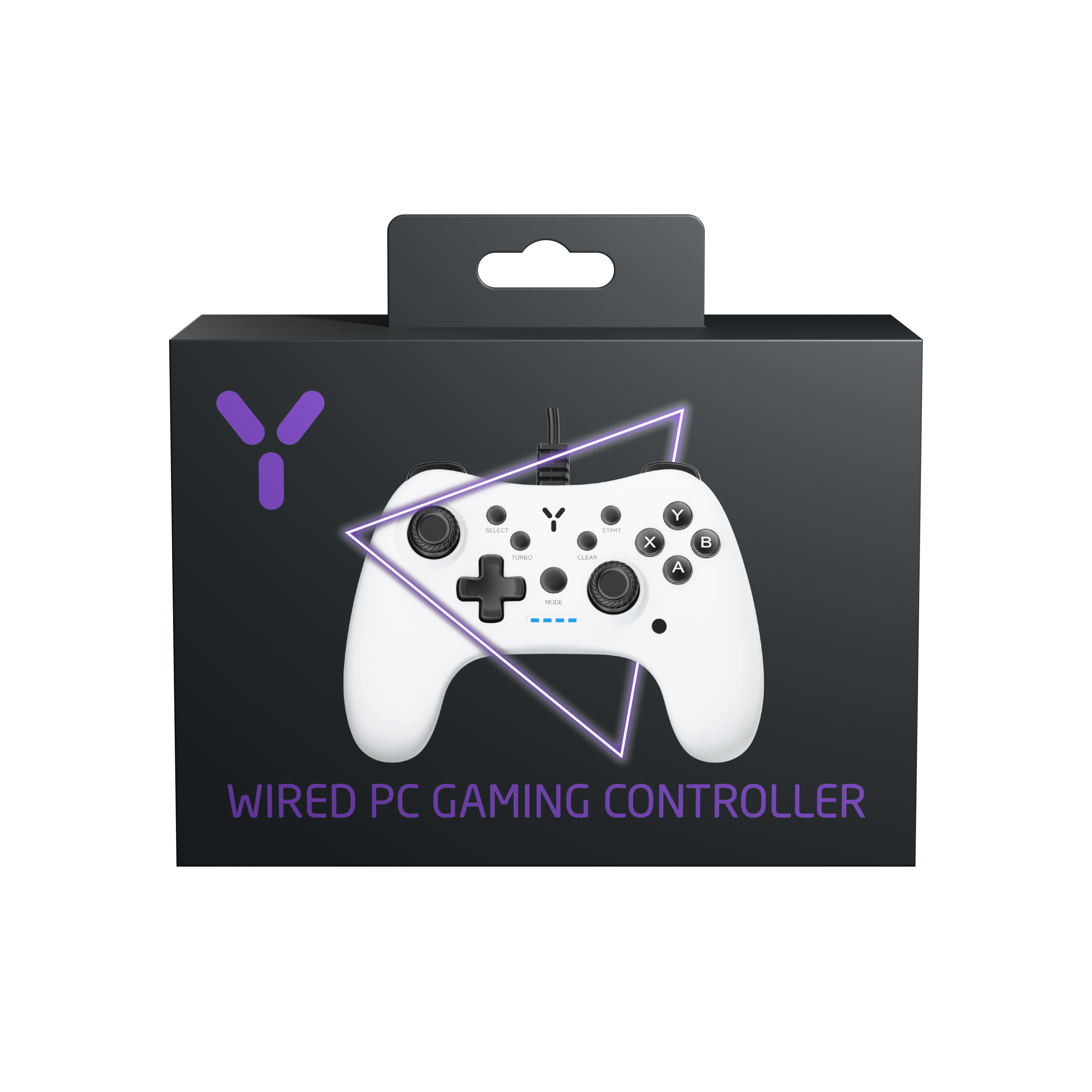 Ein weißer kabelgebundener PC-Gaming-Controller in einer schwarzen Box mit lila Design.