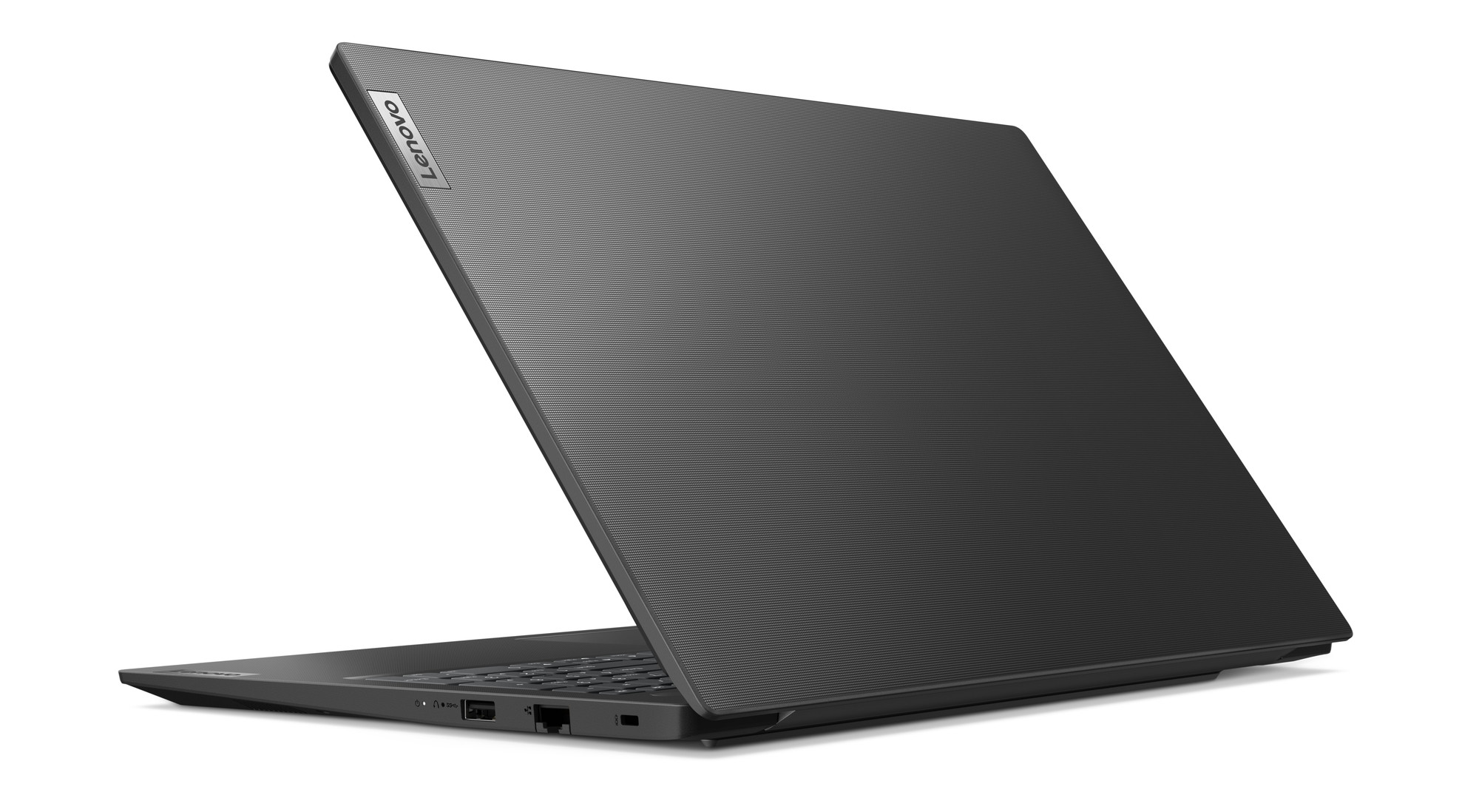 Ciemnoszary laptop Lenovo, widok z tyłu, częściowo otwarty, widoczna klawiatura.