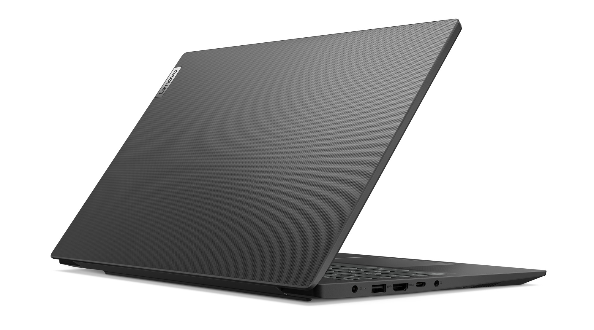 Ciemnoszary laptop z logo Lenovo. Ekran zamknięty, widoczna tylna strona.