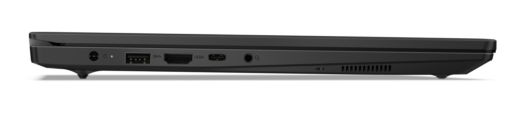 Widok z boku laptopa z portami. Porty: zasilanie, USB, HDMI, audio. Białe tło.