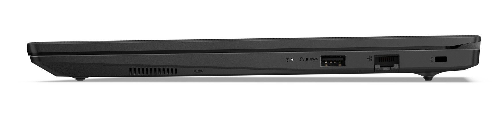Widok z boku laptopa z portami. Porty: zasilanie, USB i Ethernet. Białe tło.