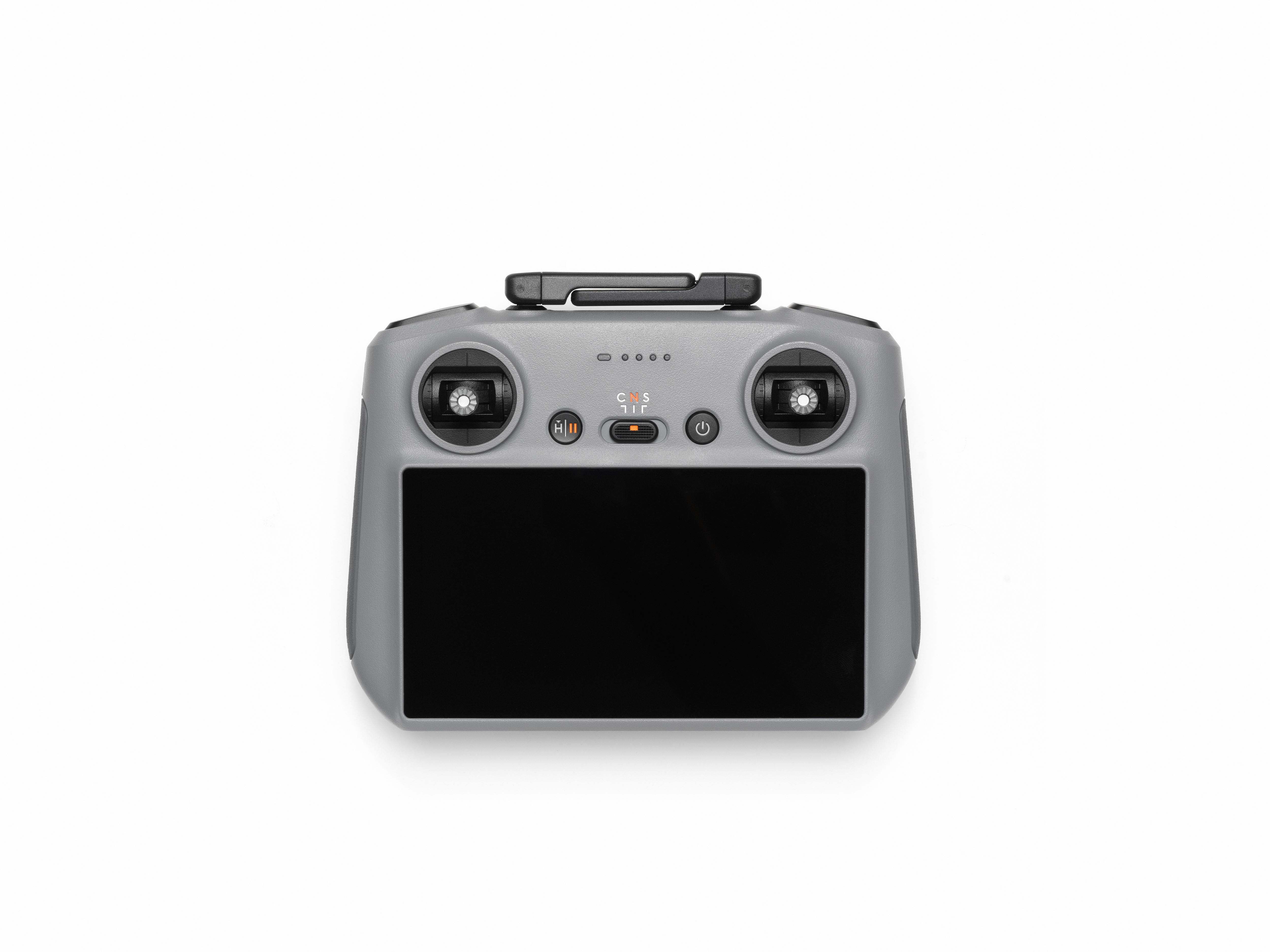 Grauer Drohnen-Controller mit schwarzem Bildschirm, Knöpfen und Steuerknüppeln.